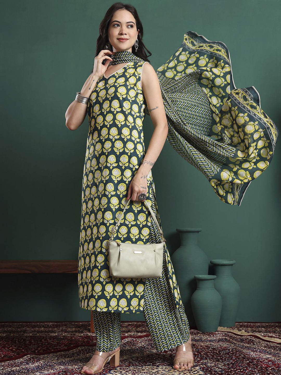KALINI Floral Printed V-Neck Pure Cotton Straight Kurta With Trousers & Dupatta