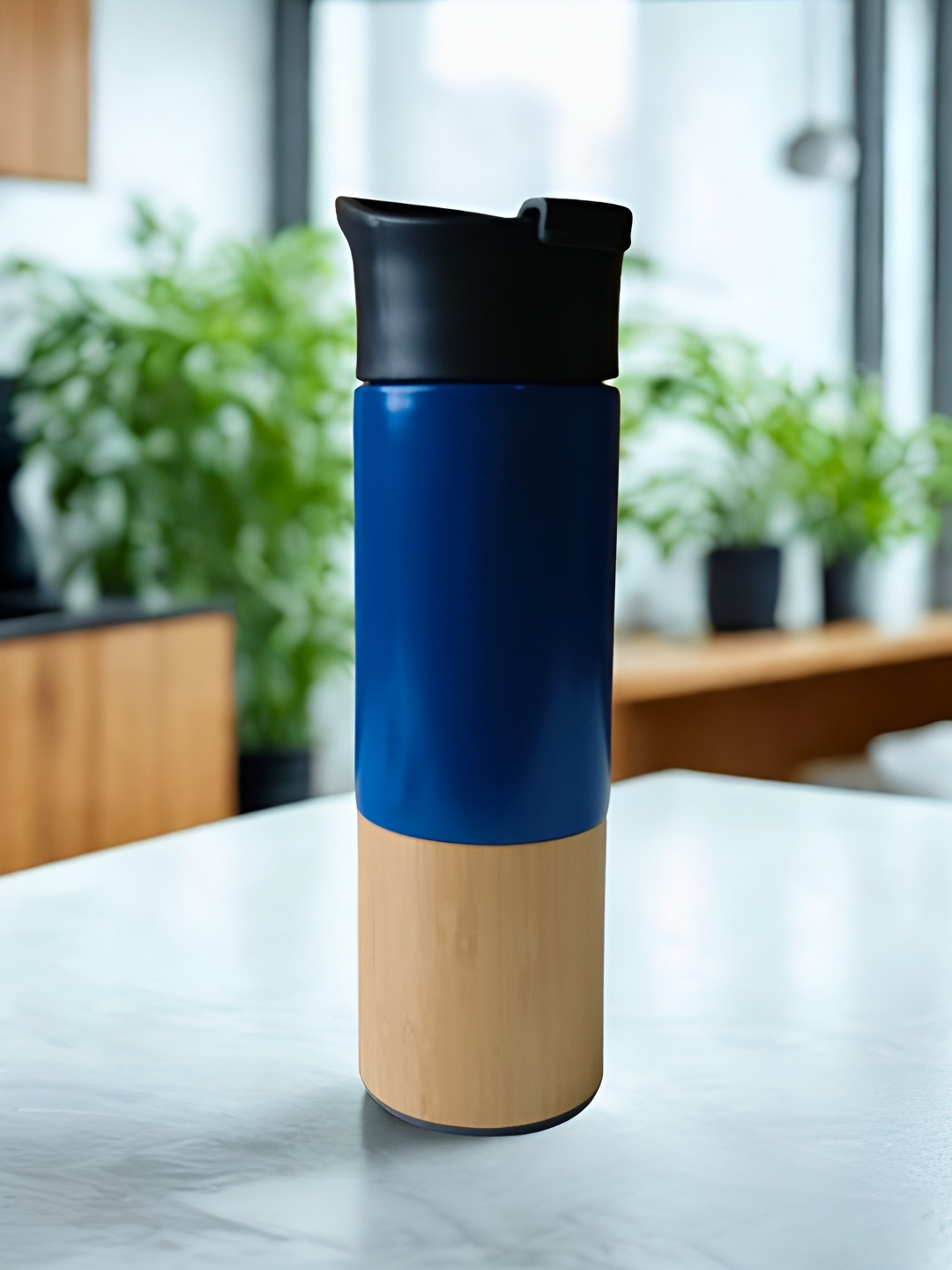 THE HOME CO. Blue & Brown Stainless Steel Matte Sipper Mug With Bamboo Base 300 ml