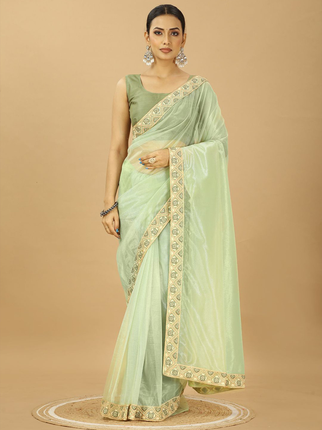 PATLANI STYLE Solid Embroidery Less Broder Net Saree