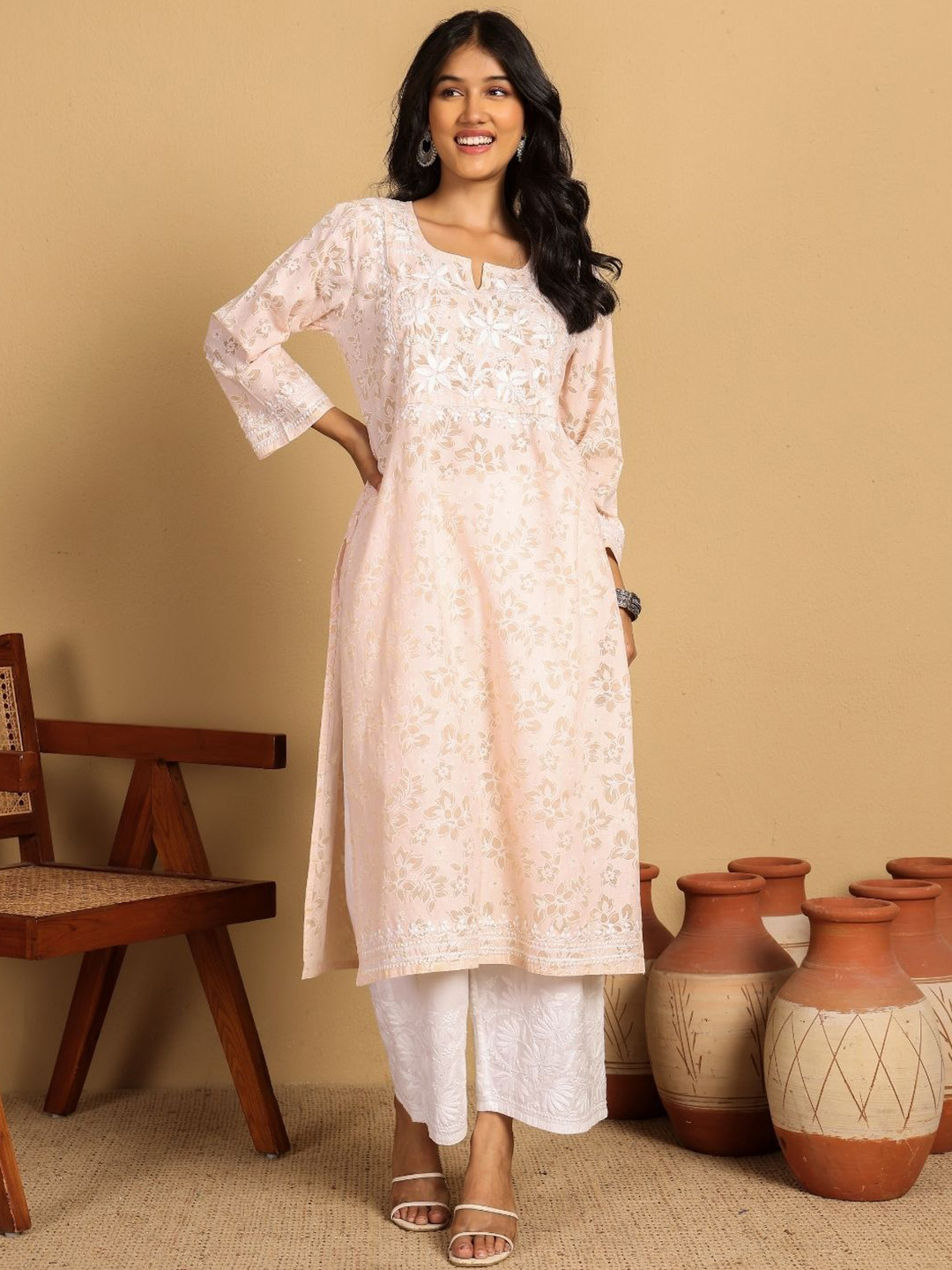 Chowkhat Women Floral Embroidered Square Neck Chikankari Brasso Cotton Straight Kurta