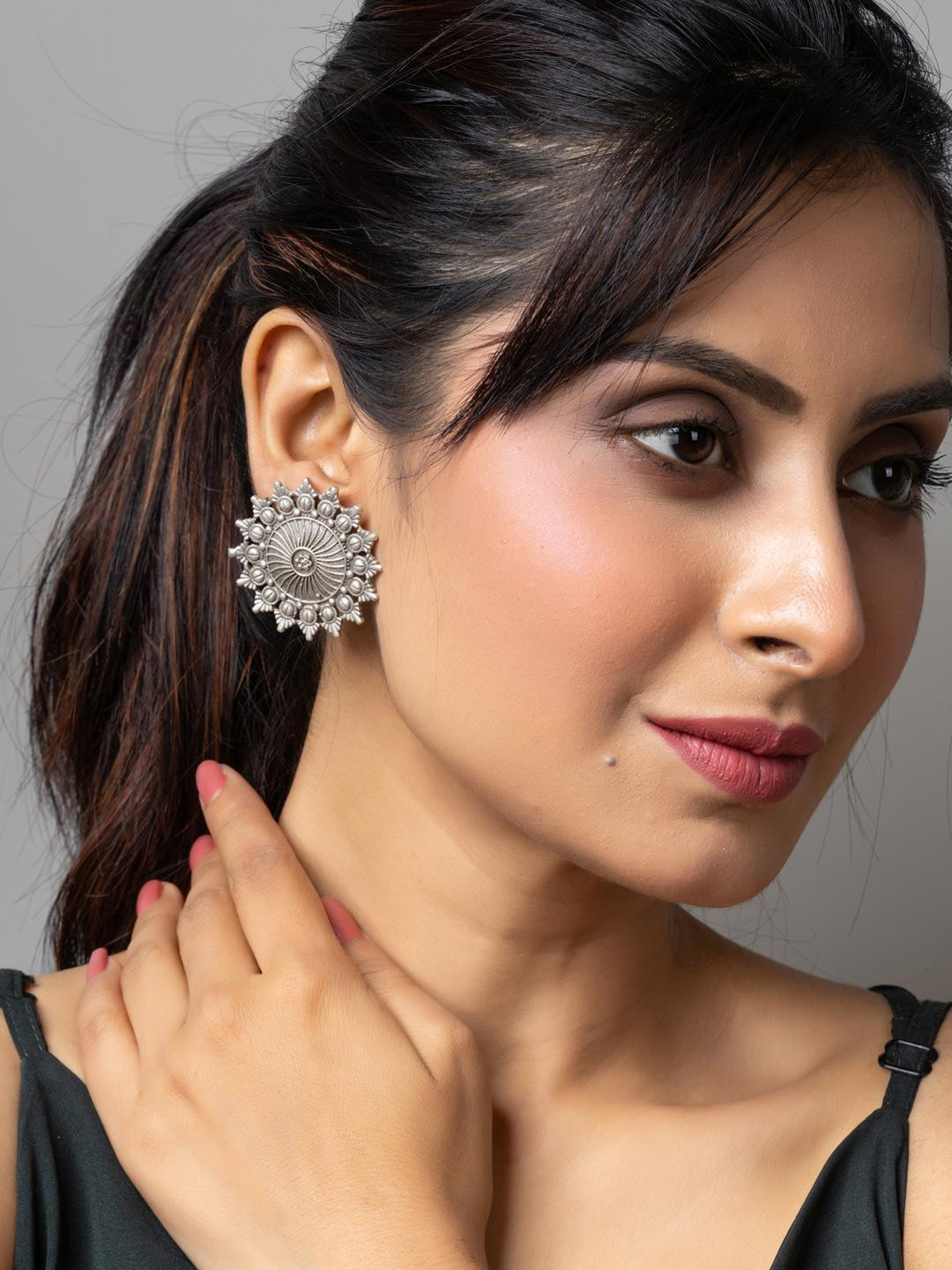 Look and Adorn Oxidised Silver Floral Stud Earring