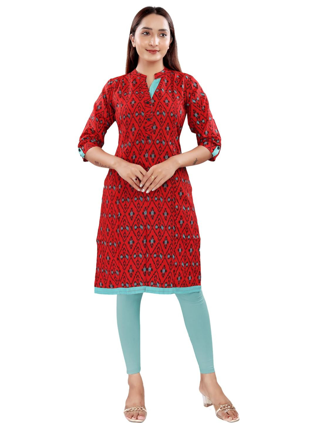 Mom&Bae Women Red Cotton Blend Kurtis