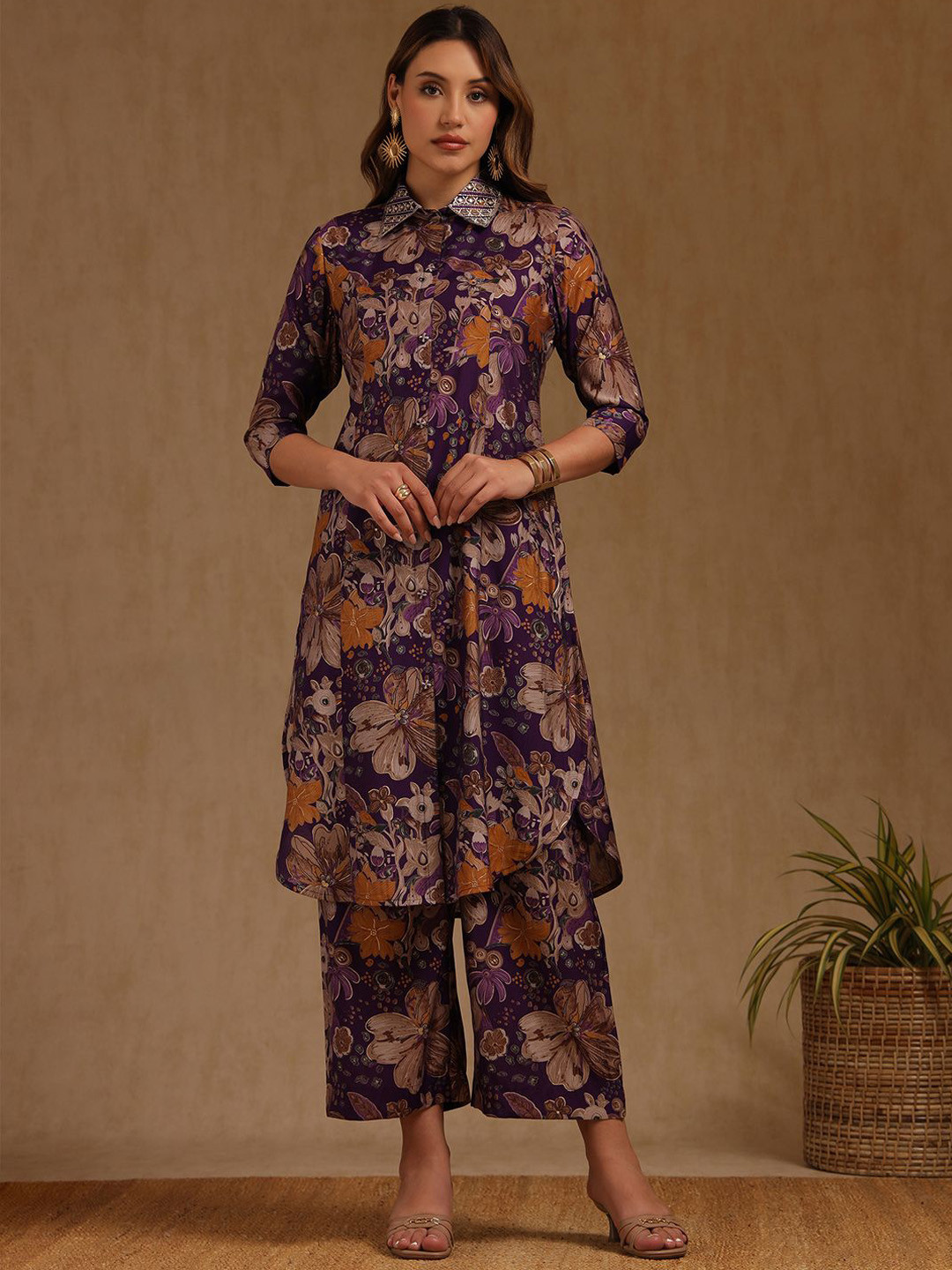 Soch Floral Printed Shirt Collar Zari Muslin Straight Kurta With Palazzos