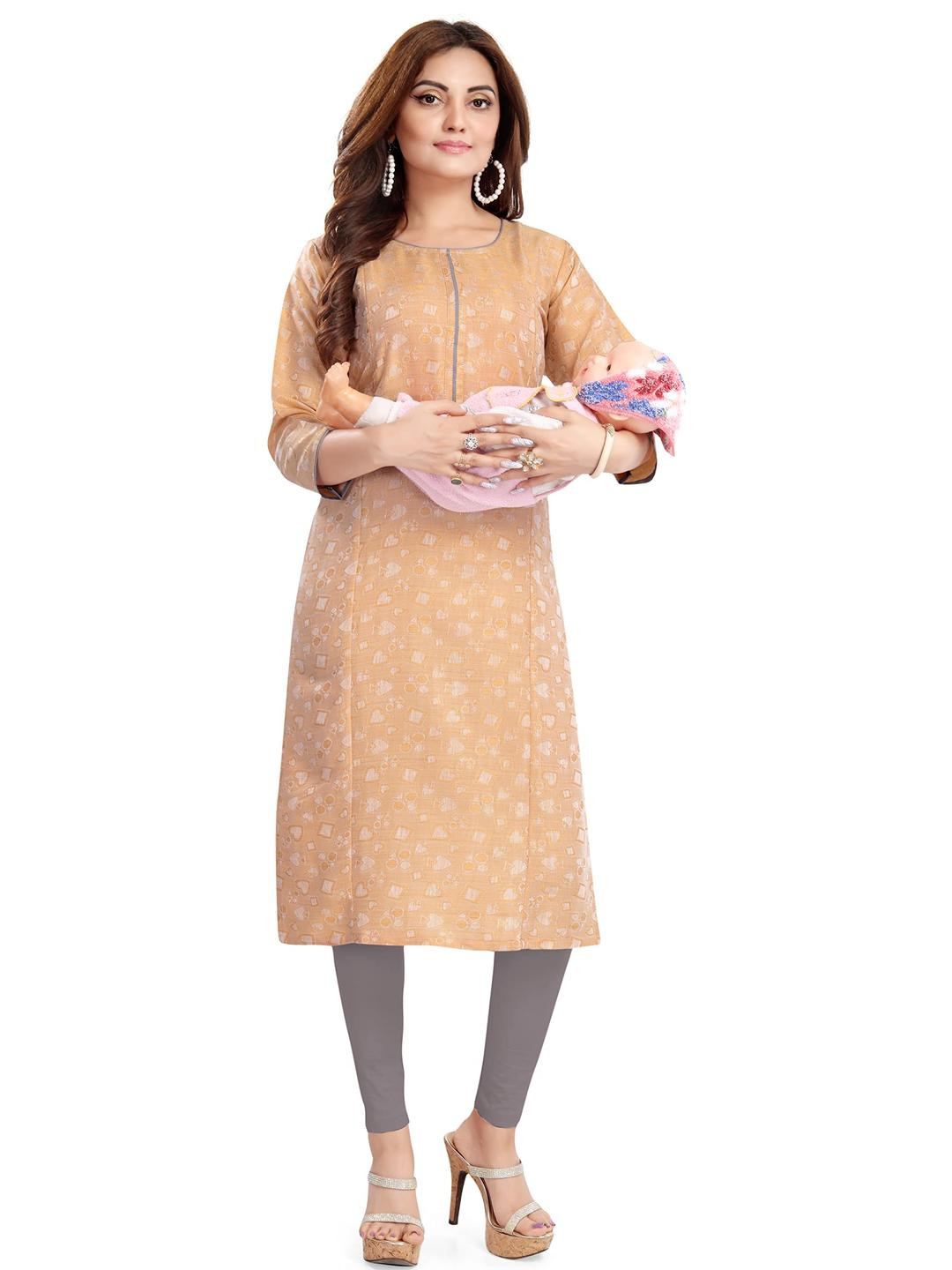 Mom&Bae Women Peach Cotton Blend Kurtis