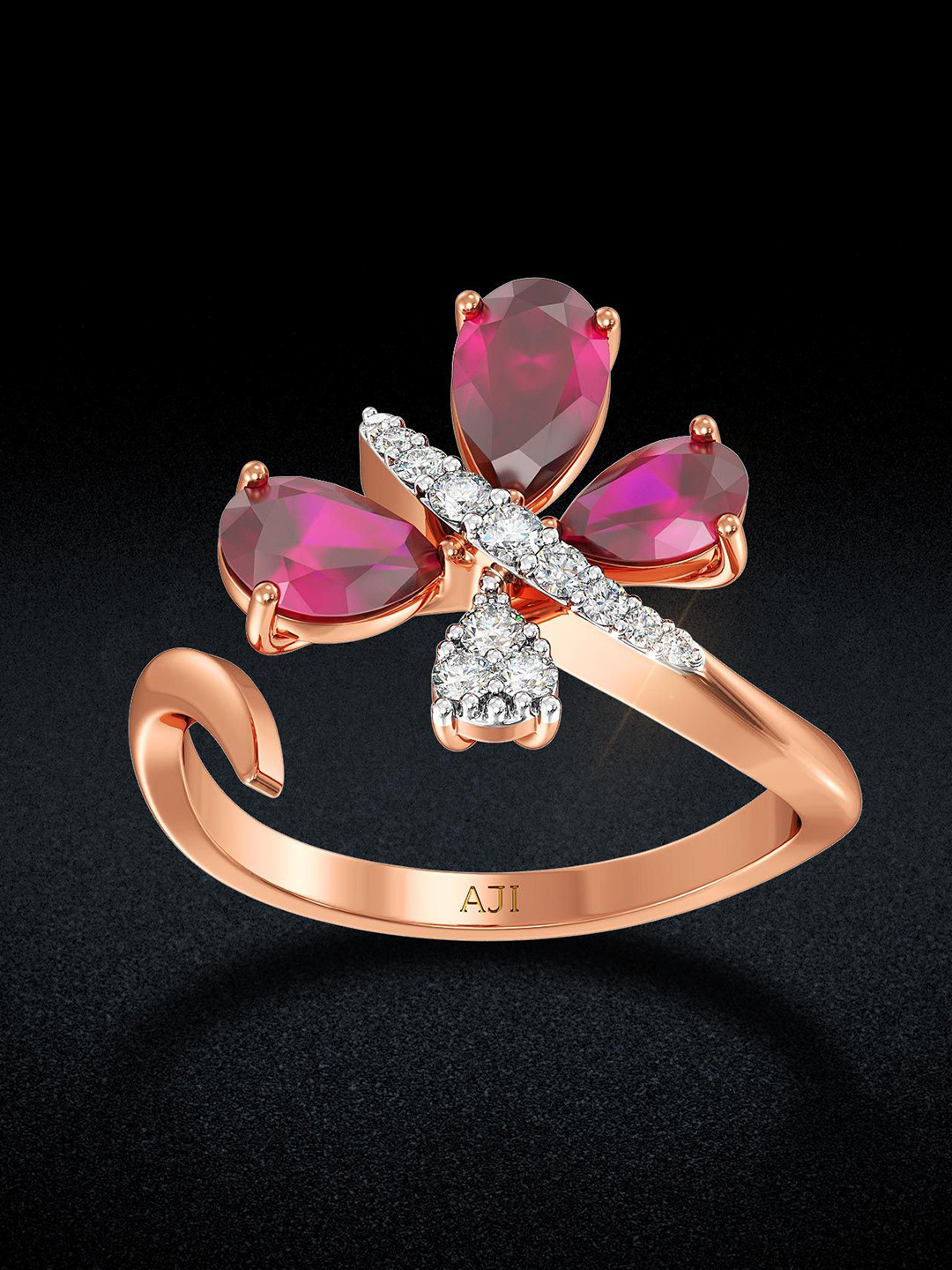 Joyalukkas Women 18 Kt Rose Gold Crimson Butterfly Charm Diamond Ring