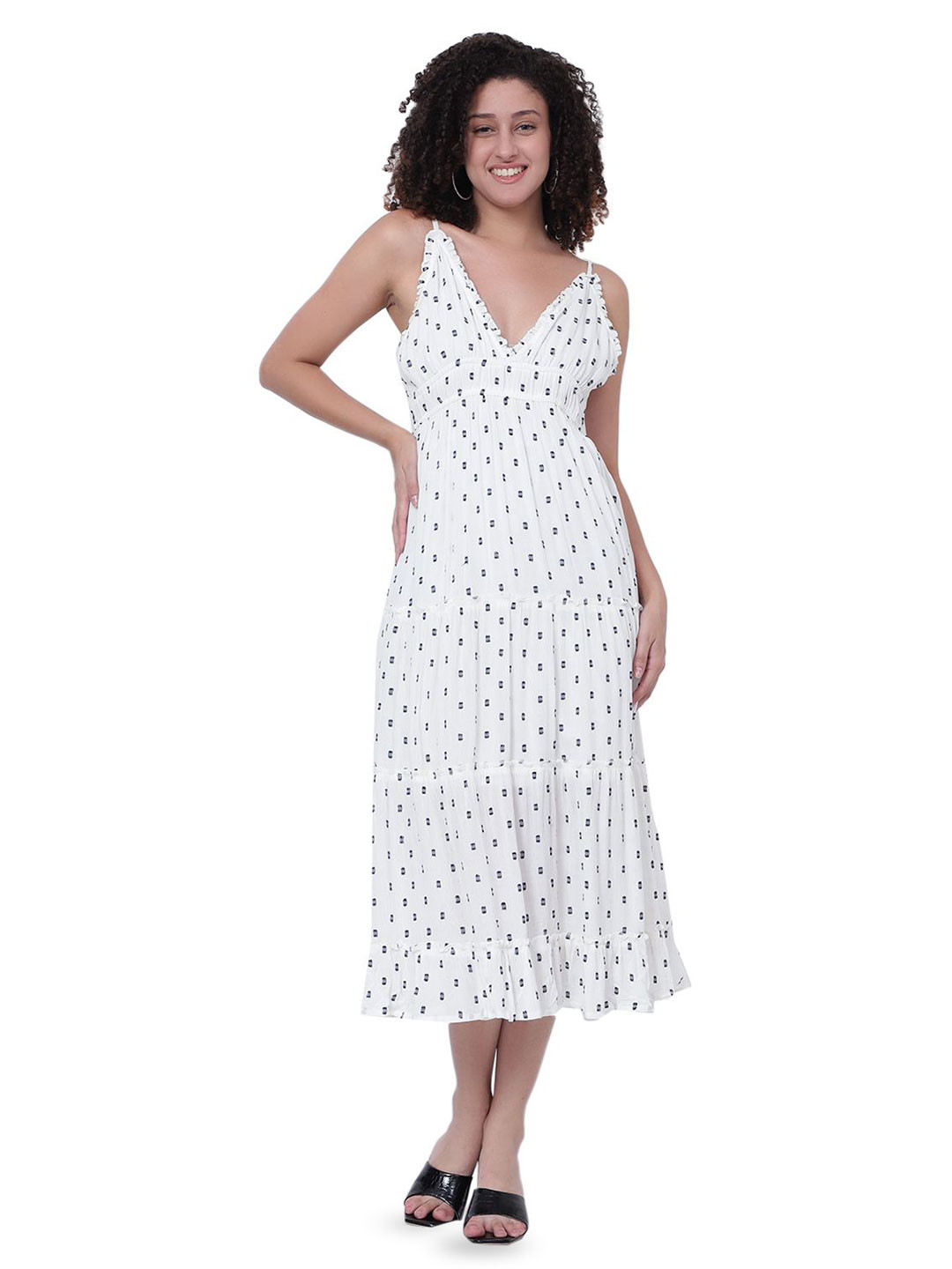 God's Club Women V-Neck Shoulder Straps Cotton Fit and Flare Midi Dress