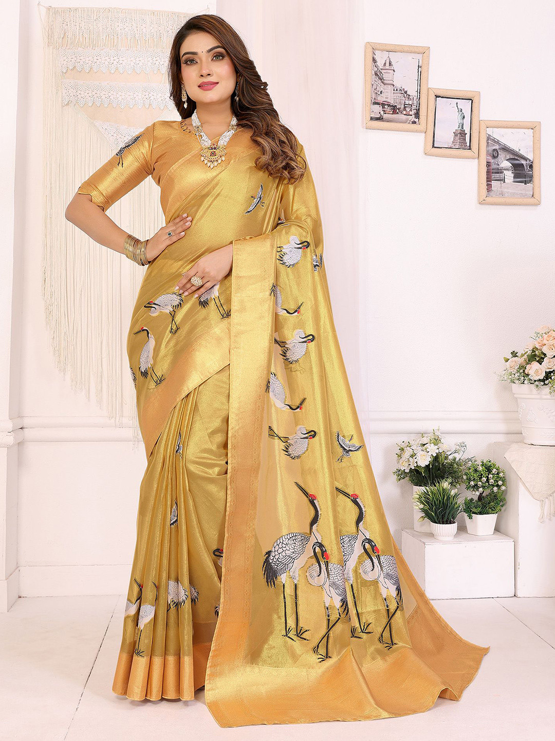 elora Birds Digital Printed Zari Tissue Saree