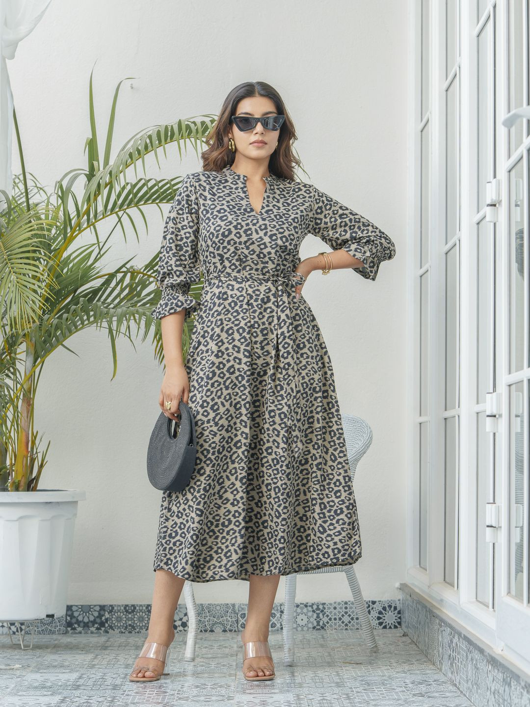 Suha Women Animal Printed Bell Sleeves A-Line Dress
