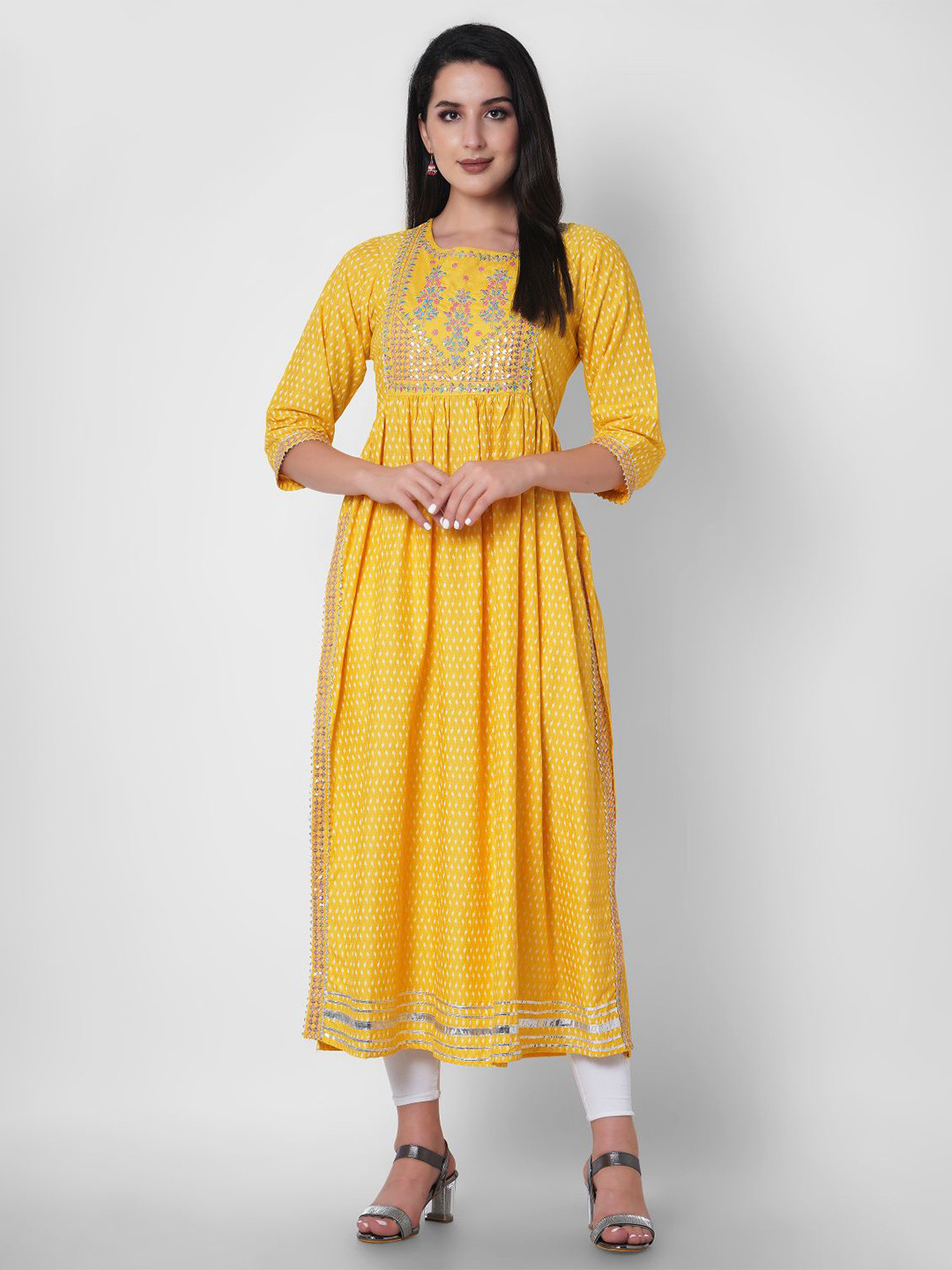 MANI EXPORTS Women Ethnic Motifs Printed Thread Work Embroidered Anarkali Empire Kurta