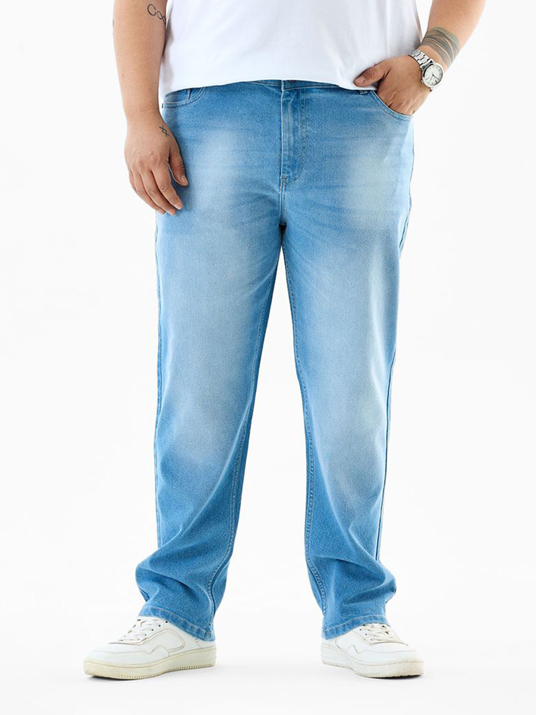 Snitch Men Plus Size Light Blue Mid-Rise Slim Fit Jeans