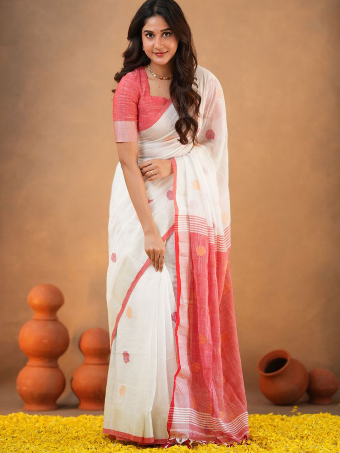 Sutisancha White& Red Grace Woven Design Heritage Cotton Saree