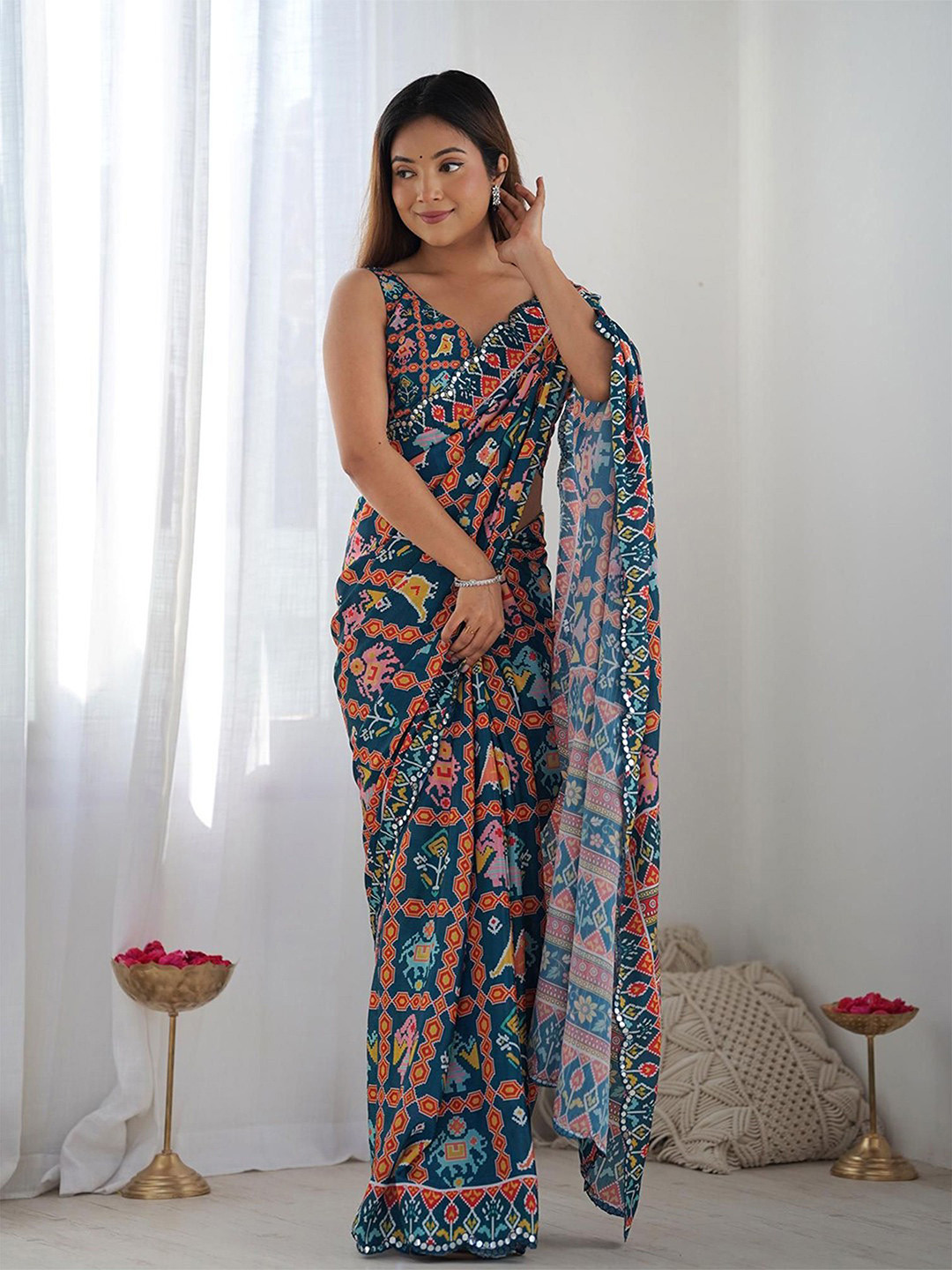 Anouk  Abstract Printed Mirror Work Embroidered Border Ikat Saree