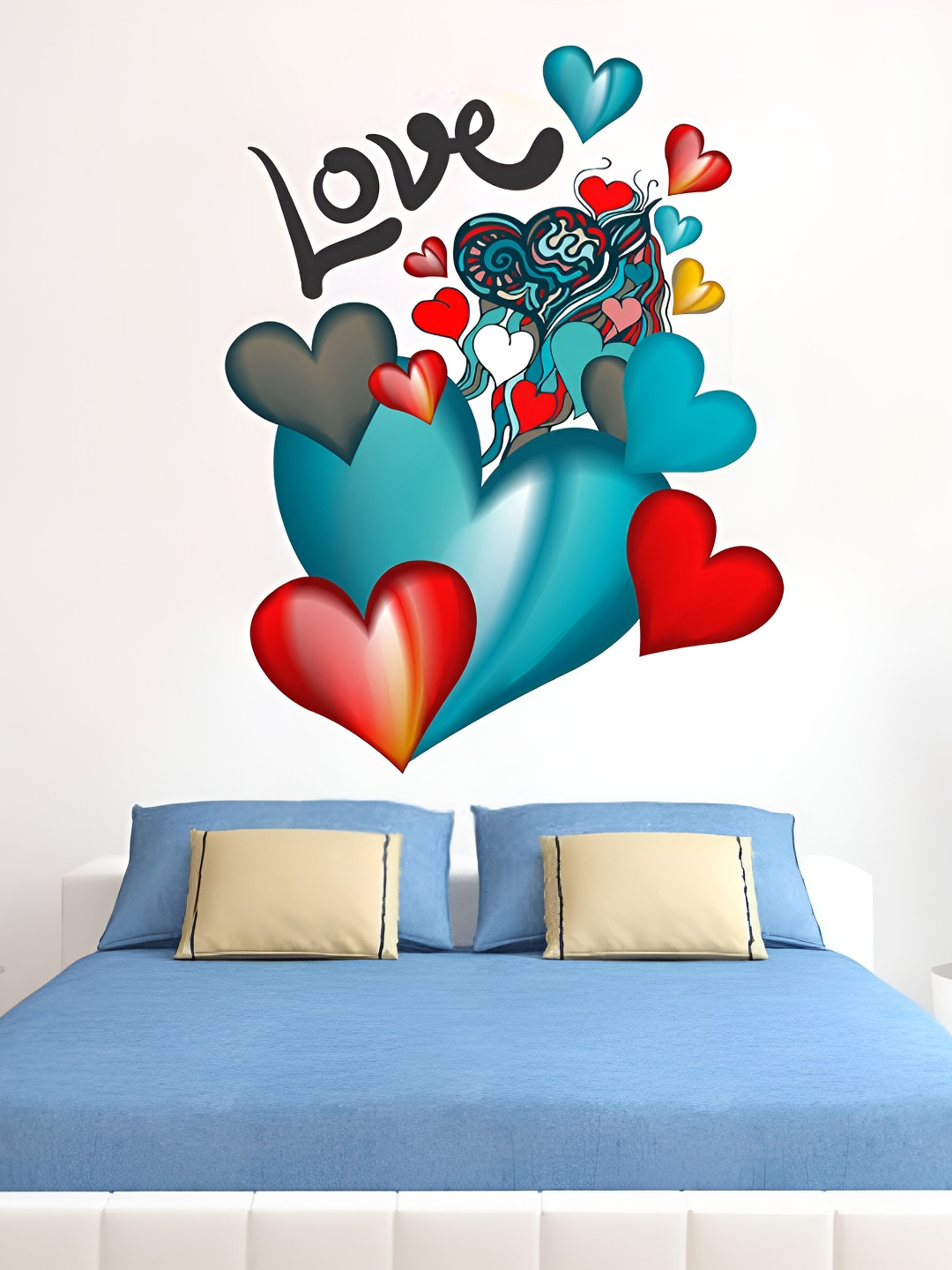 LANSTICK Blue & Red Printed Love With Heart Wall Stickers