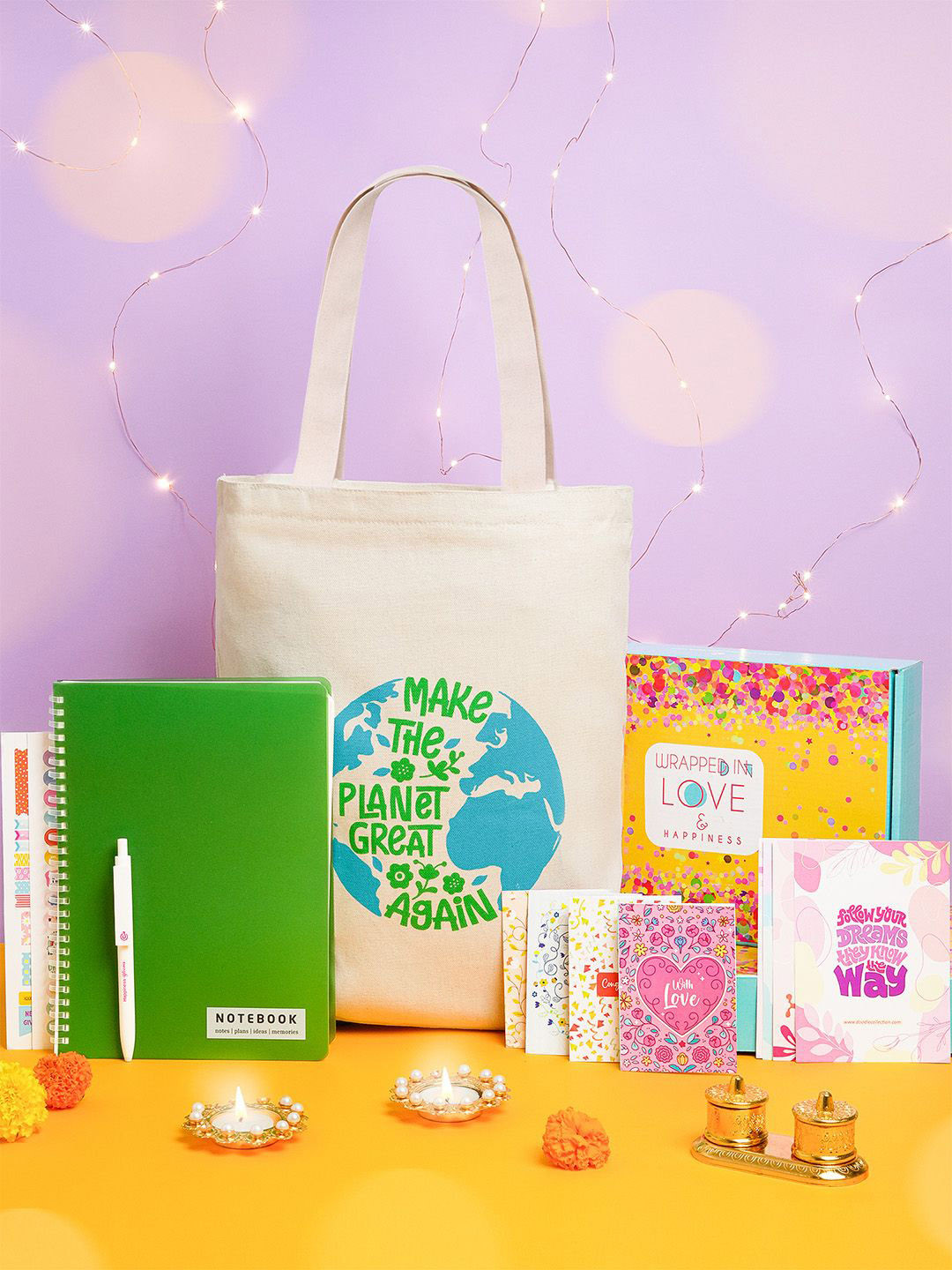 Gift Set- Doodle Self Design Notebook With Tote Bag Pen Notecards & Quote Cards Stationery