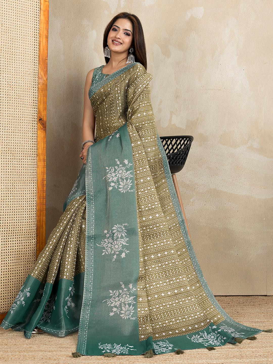 JYA Floral Printed Tissue Silk Saree For Women With Blouse Piece