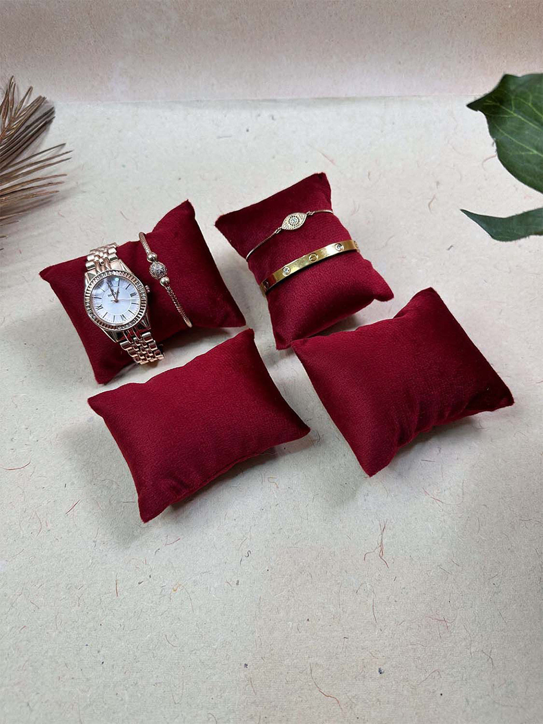 La Trove Set of 4 Maroon Velvet Wrist Watch Organiser Pillow Cushion