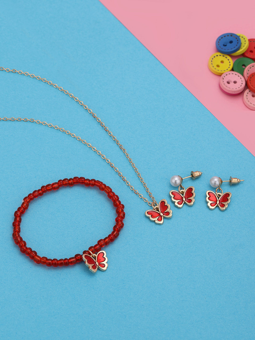 Carlton London Rose Gold Plated Pearl Red Shell Butterfly Jewellery Set for Girl