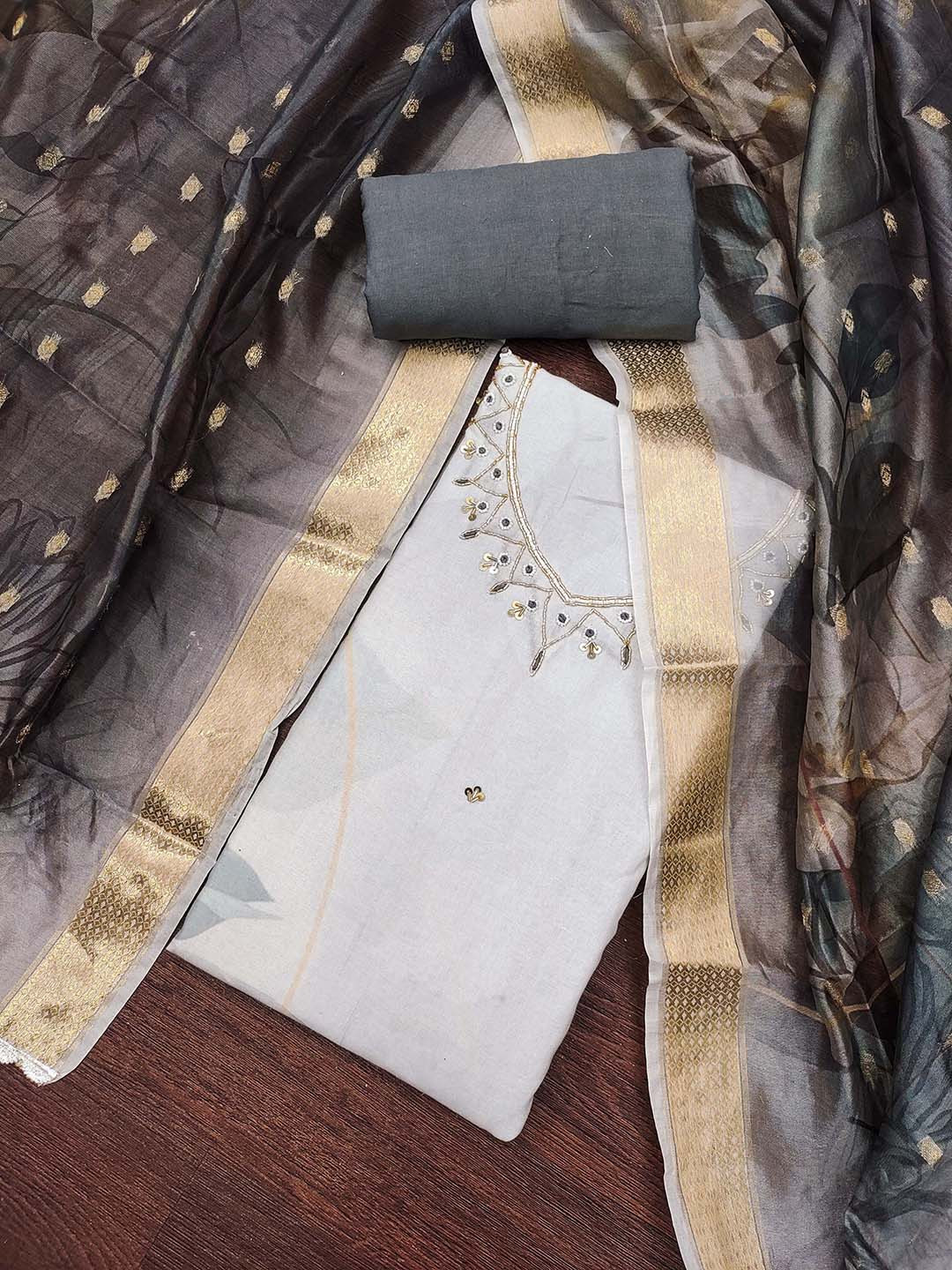 HERE&NOW Floral Embroidered Cemric Cotton Beads And Stones Unstitched Dress Material