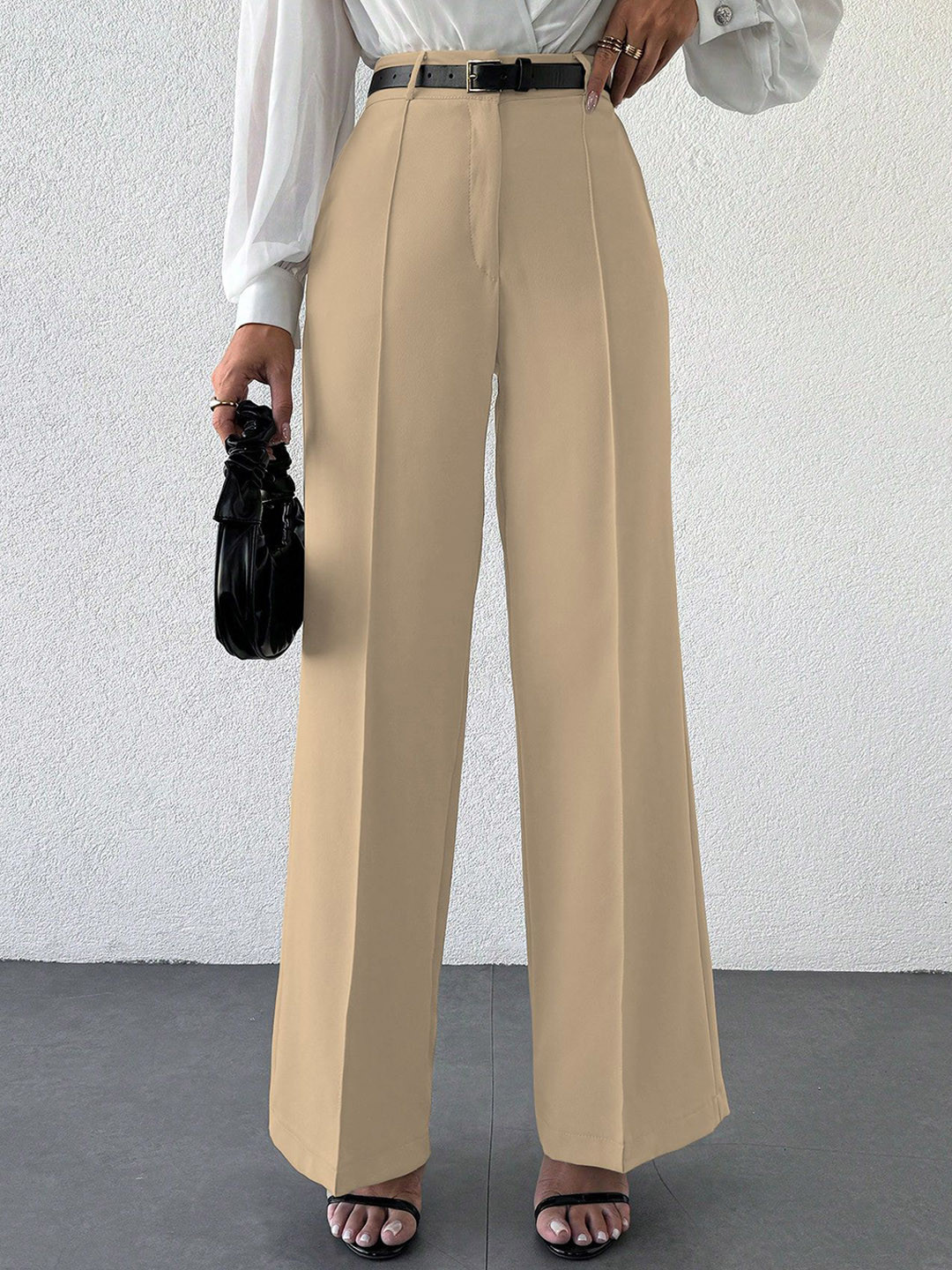 Sugathari Women Relaxed Wide Leg Pleated High-Rise Wrinkle Free Parallel Trousers