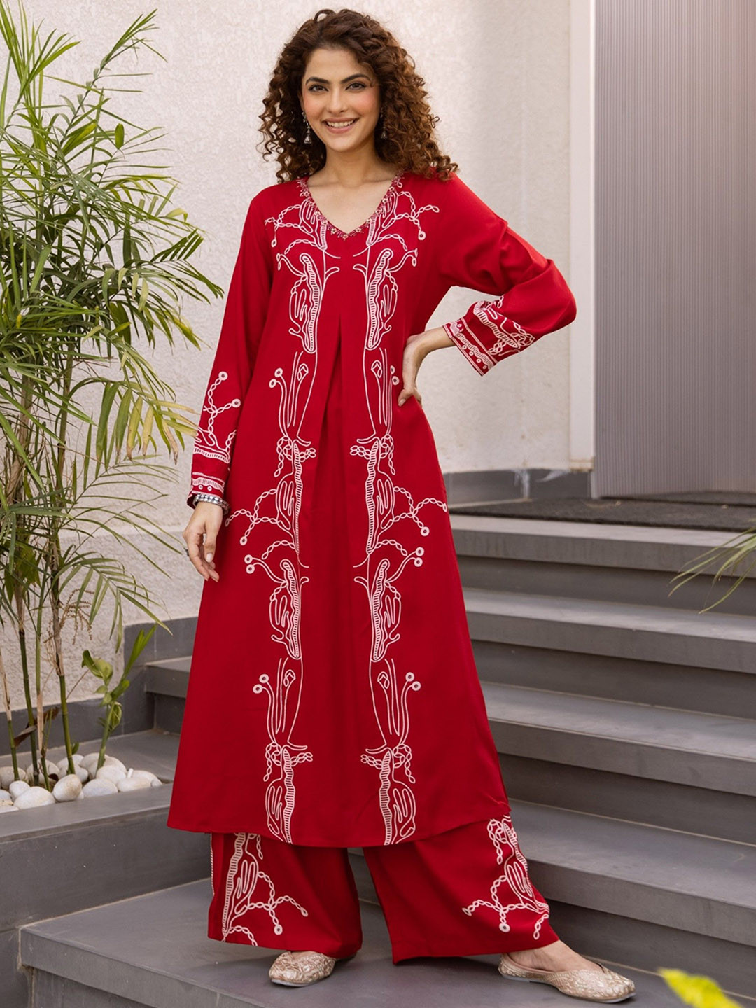 AUTUMN LANE Kabool Crimson Abstract Printed Beads And Stones Pure Cotton Kurta & Palazzo