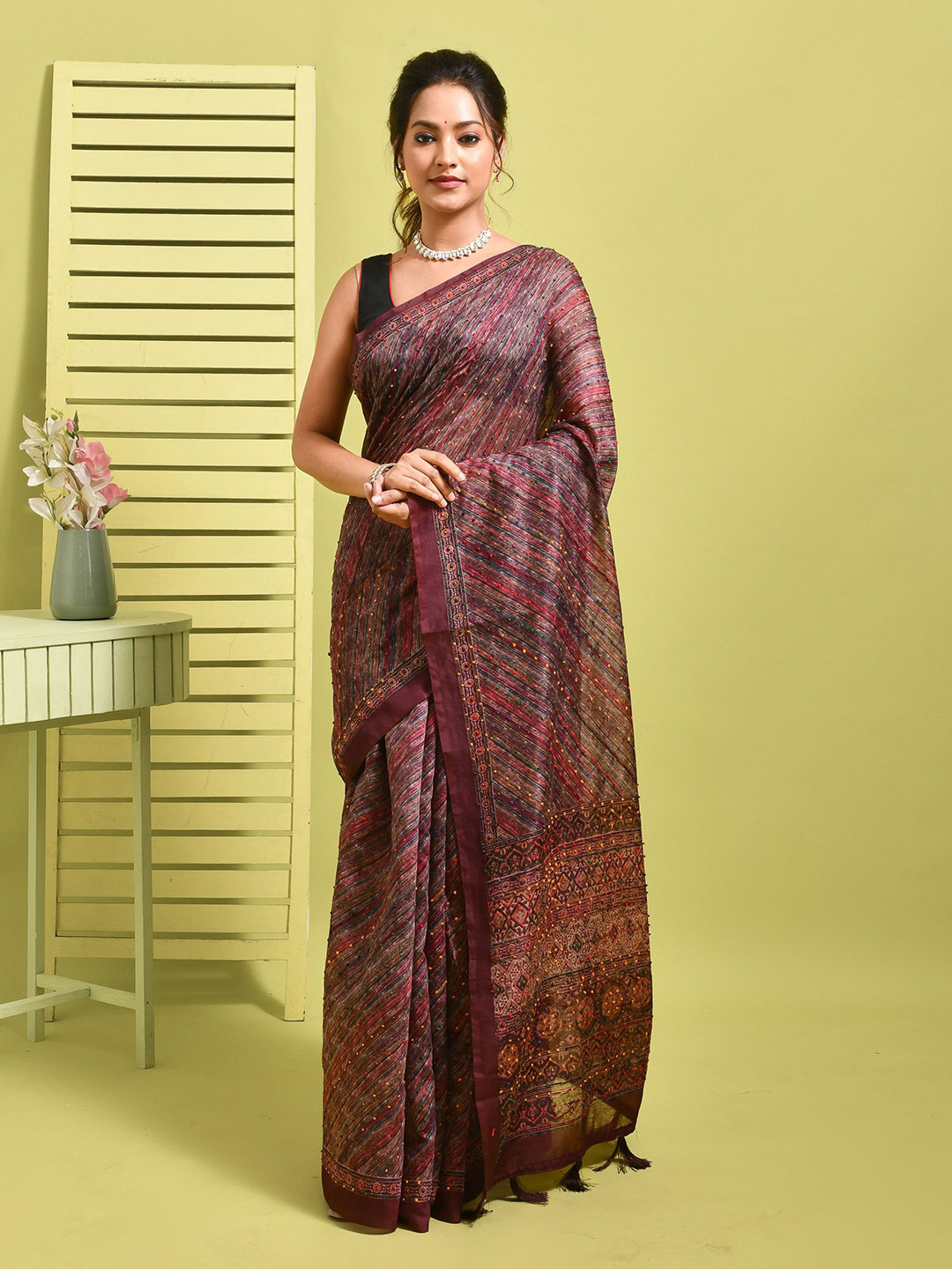 Rupeshwari Ajrak Printed Embroidered Kantha Work Saree