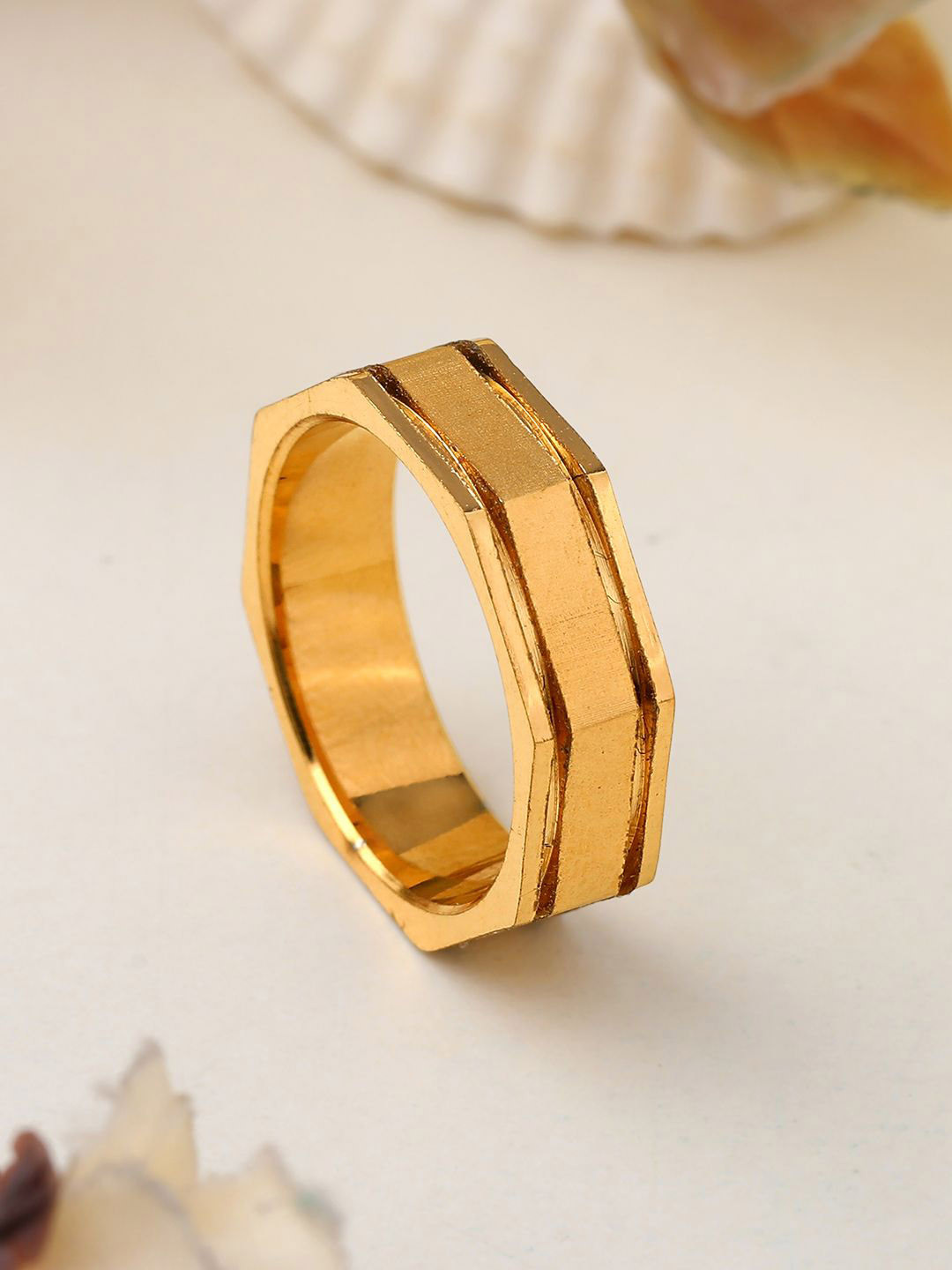 Estele Men Gold Plated Hexagon Band Ring