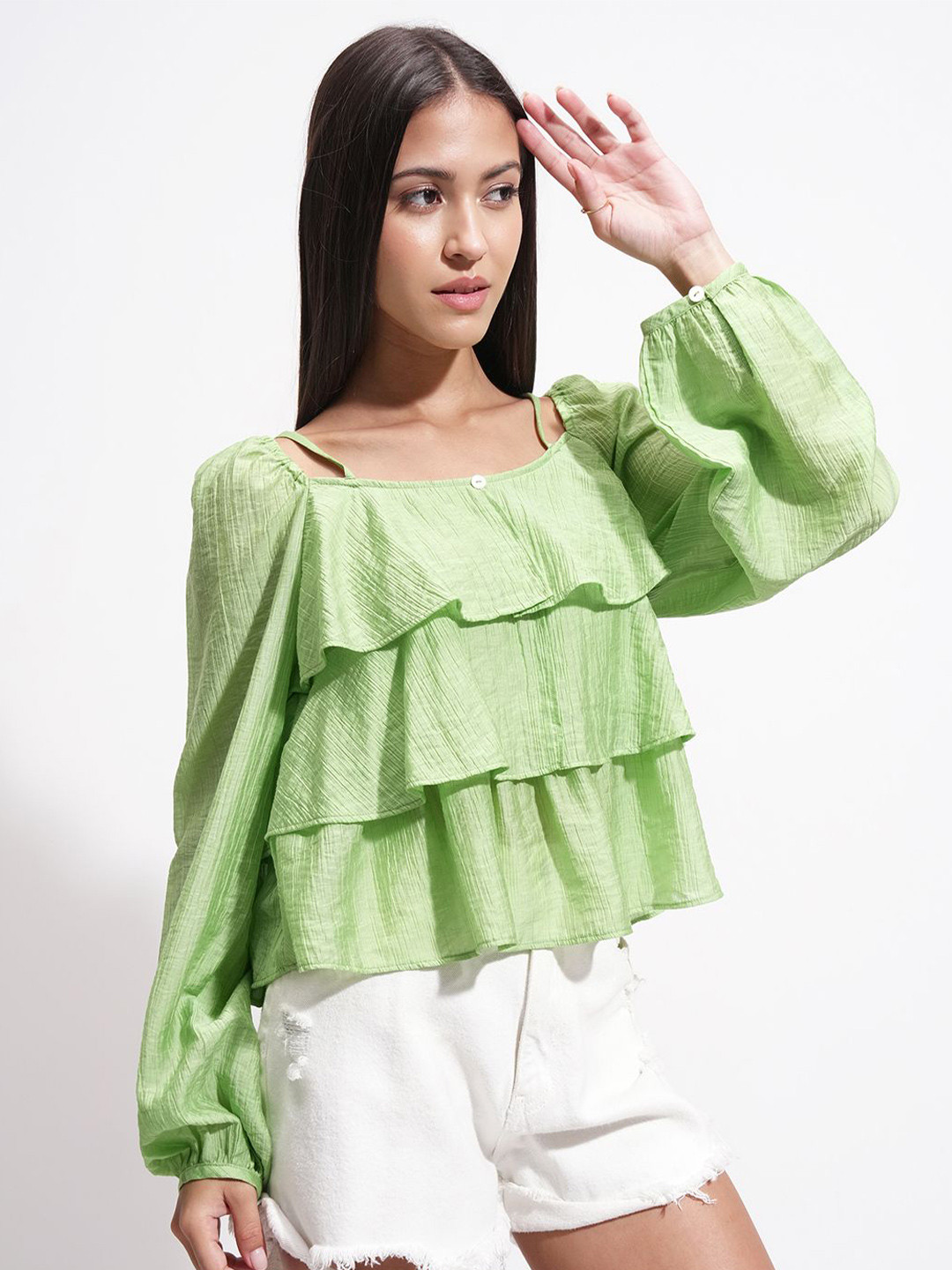 ESPYR By Tokyo Talkies Women Textured Self Design Puff Sleeves Layered A-Line Regular Top