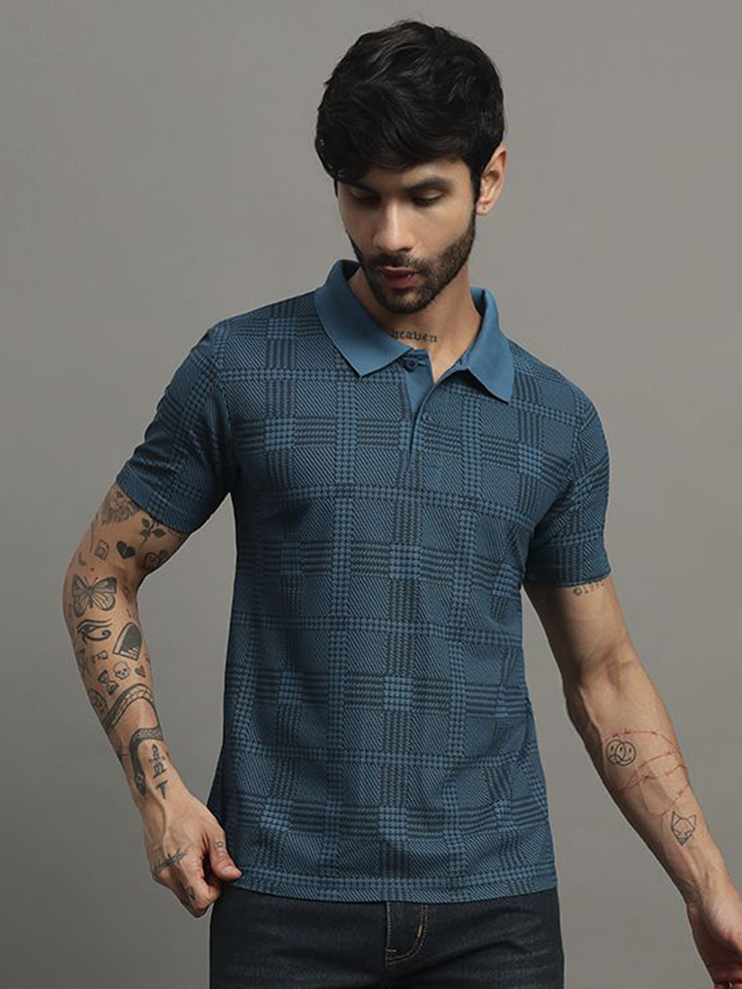 TIMBER HITCH Men Checked Polo Collar T-shirt