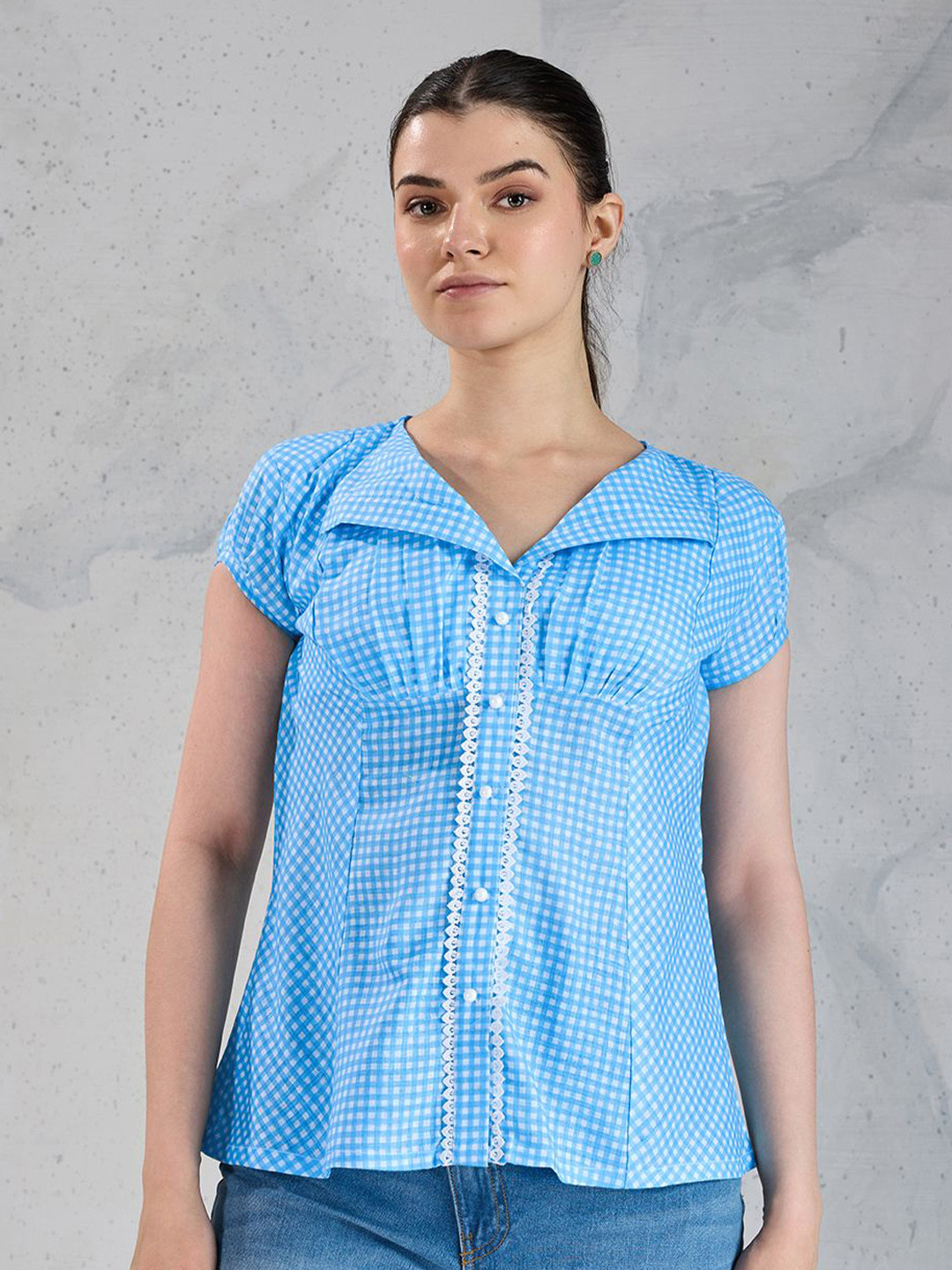 4WRD by Dressberry Women Gingham Checked Collarless Linen Casual Shirt