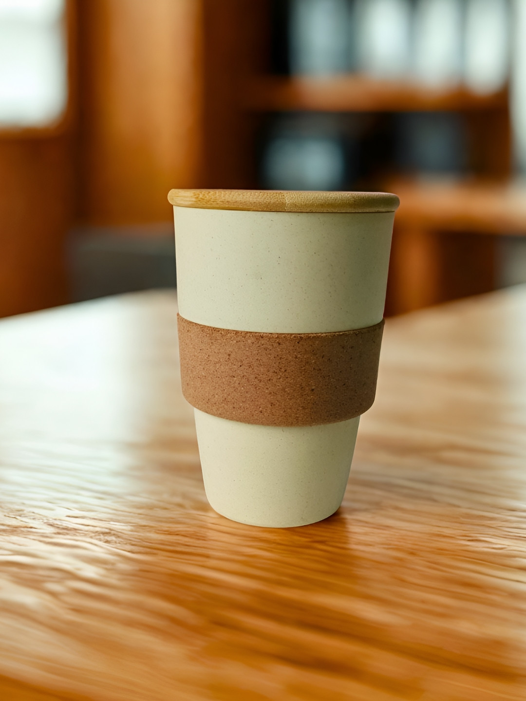 THE HOME CO. Brown & White Matte Sipper Mug With Wooden Lid 300 ml