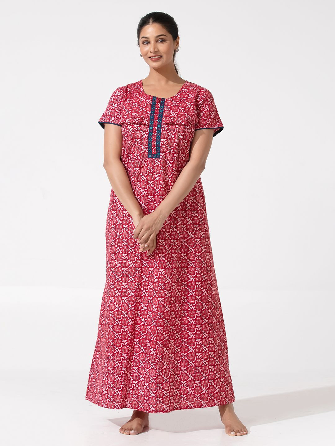 Maybell Women Batik Printed Pure Cotton Maxi Nightdress with Ruffled Yoke & Zipper Closure
