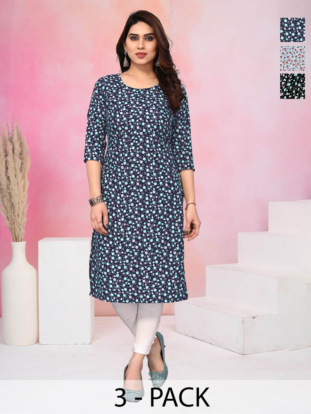 KETAKI FASHION Collection Of 3 Floral Printed Round Neck Crepe Kurta