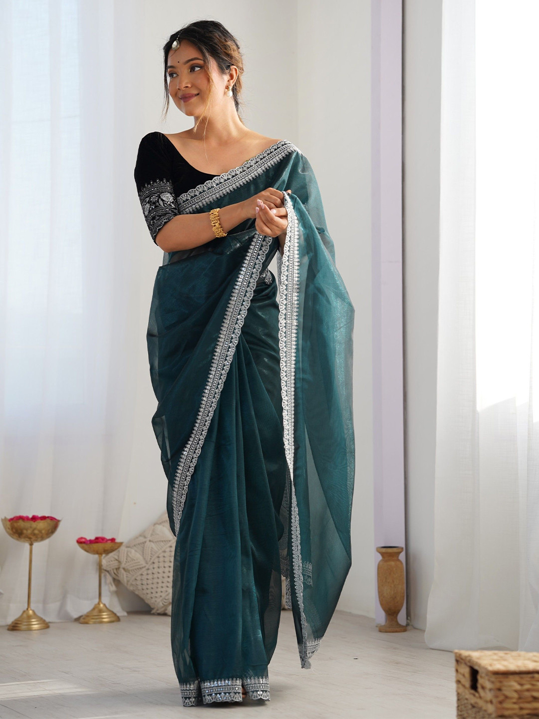 Panzora Embroidered Border Sequinned Net Saree With Blouse Piece