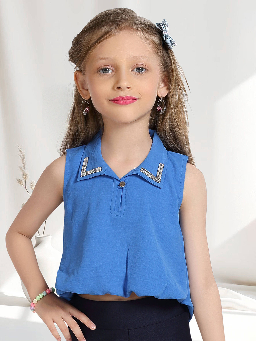 Lei-Chie Girls Shirt Collar Sleeveless Shirt Style Top