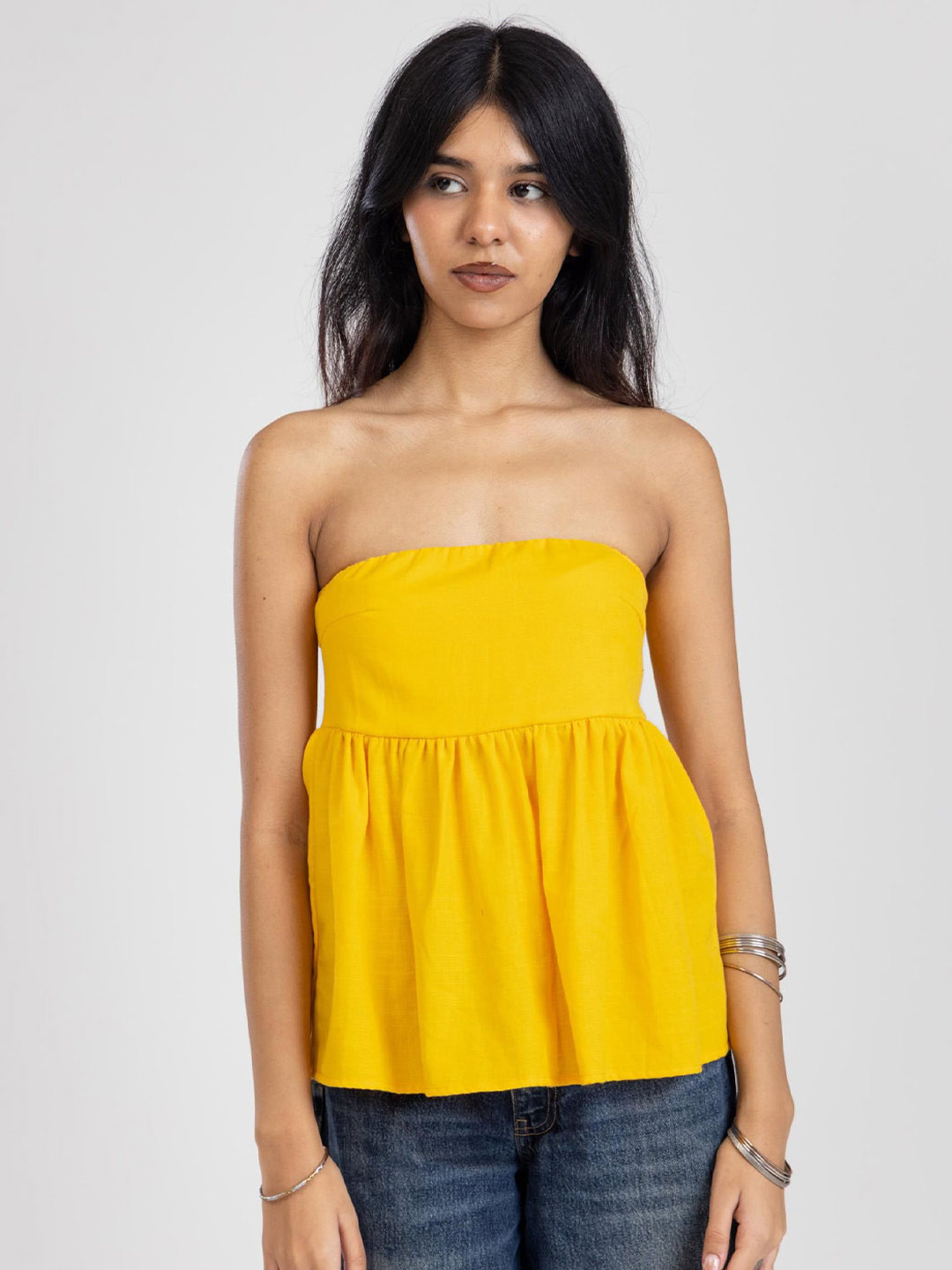 Past Modern Women Strapless Cotton Peplum Top