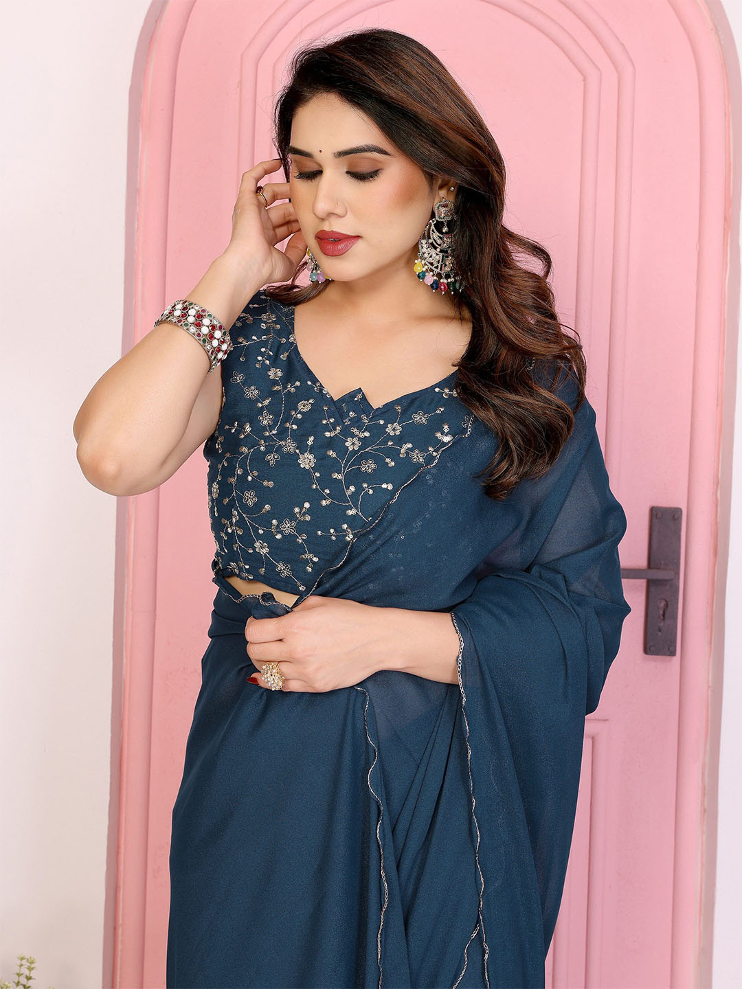 Ambuja International Sequinned Border Pure Georgette Saree