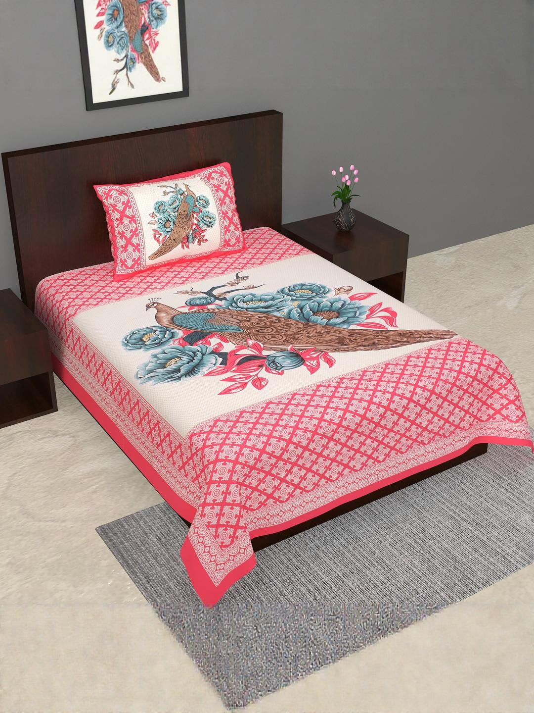 Monik Handicrafts Pink 144 TC Single Bedsheet with 1 Pillow Covers
