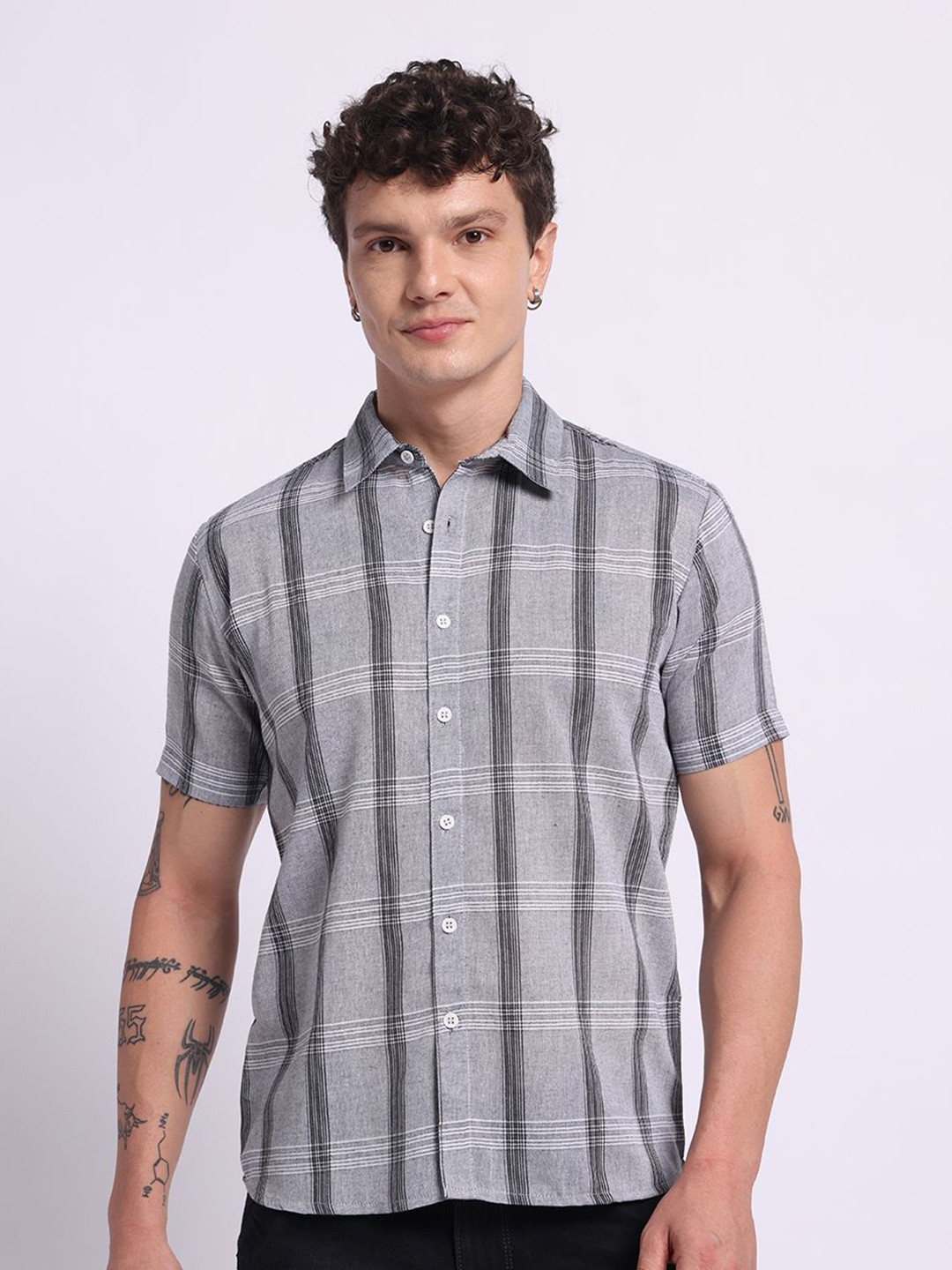 PANIT Men Standard Fit Checked Spread Collar Cotton Casual Shirt