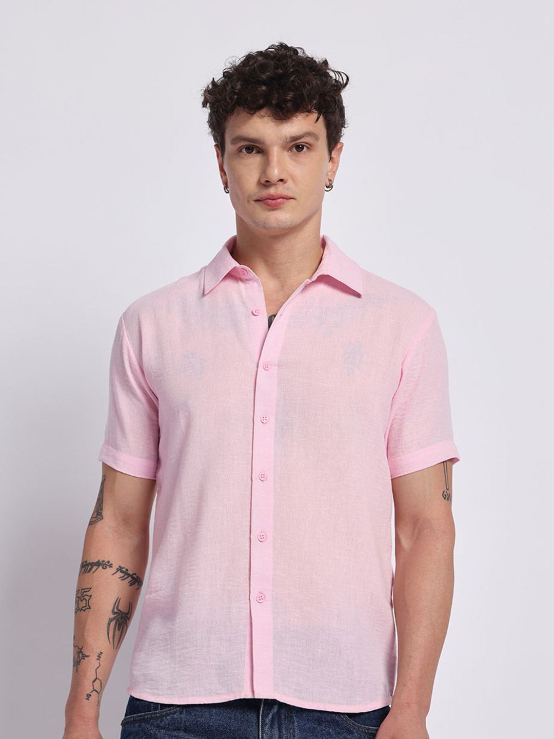 PANIT Standard Spread Collar Short Sleeves Linen Casual Shirt