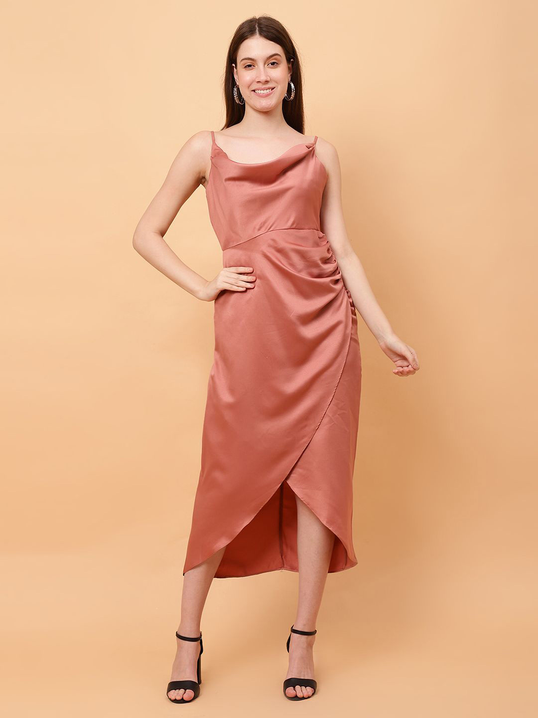 God's Club Women Cowl Neck Satin Ruched Sheath Midi Dress