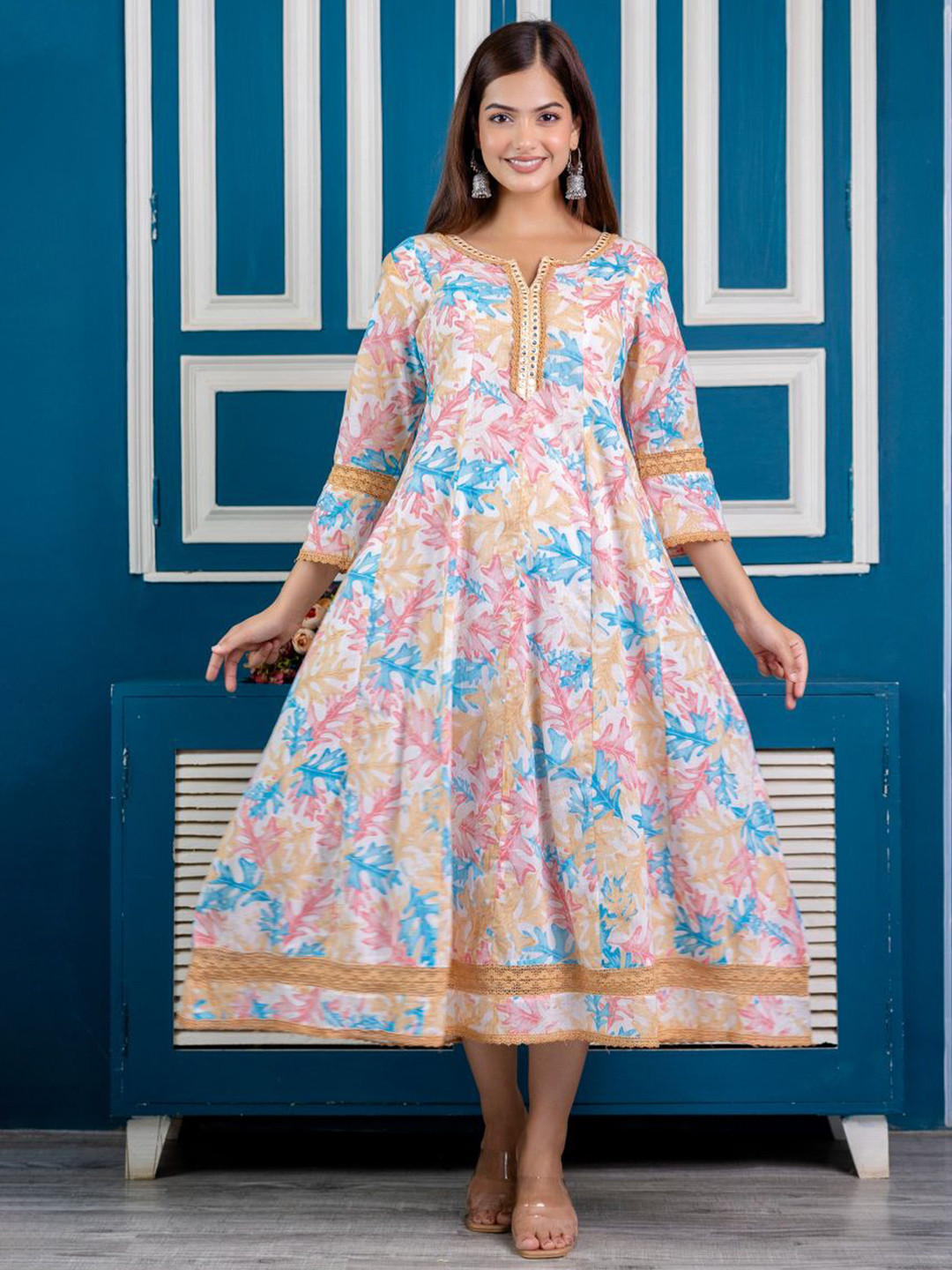 MANI EXPORTS Women Printed V Neck Embroidered Fit and Flare Maxi Dress