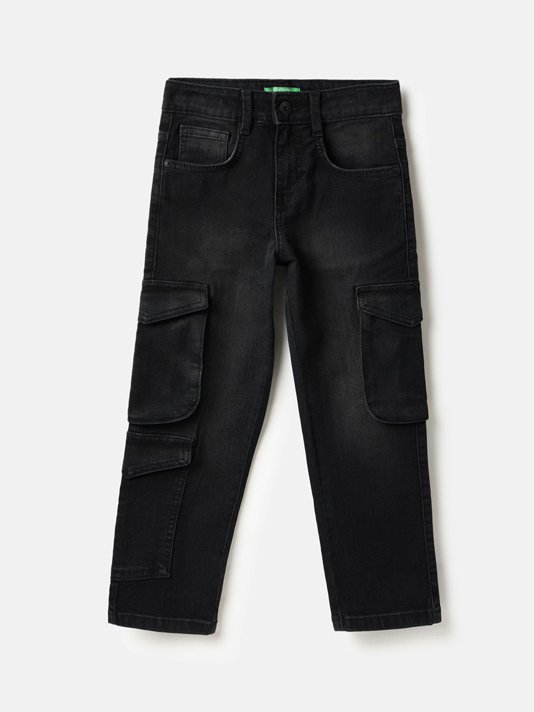 United Colors of Benetton Boys Straight Fit Mid-Rise Light Fade Cargo Styles Jeans