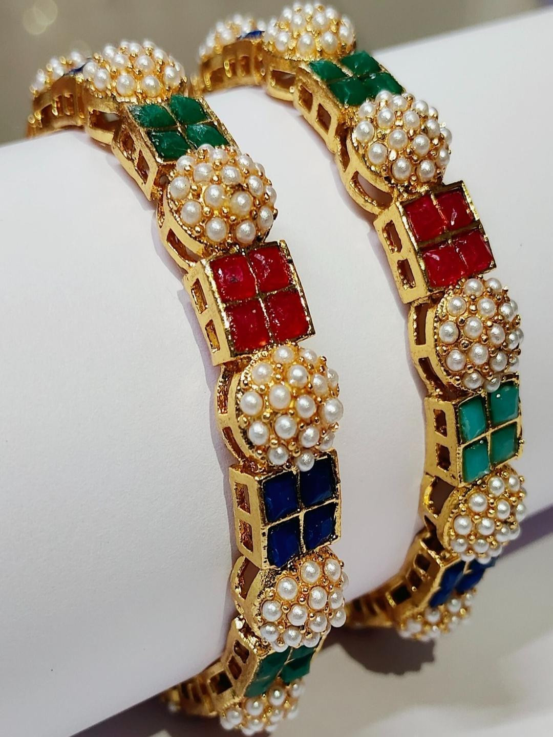 Khetlazee Gold-Plated Pearl Studded & Multi-Coloured Stone Patterned Bangle