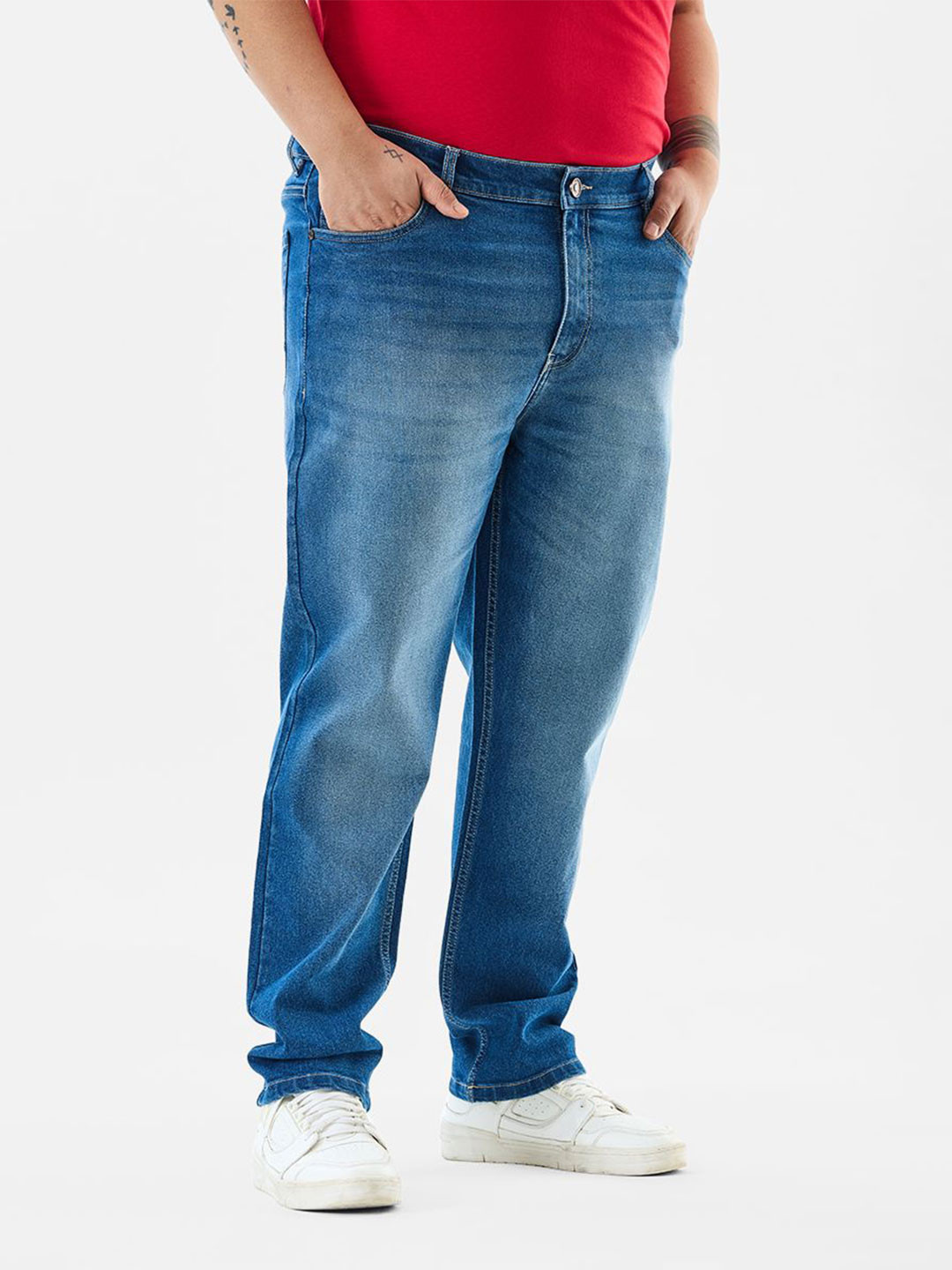 Snitch Men Plus Size Slim Fit Mid-Rise Light Fade Cuffed Hem Stretchable Jeans