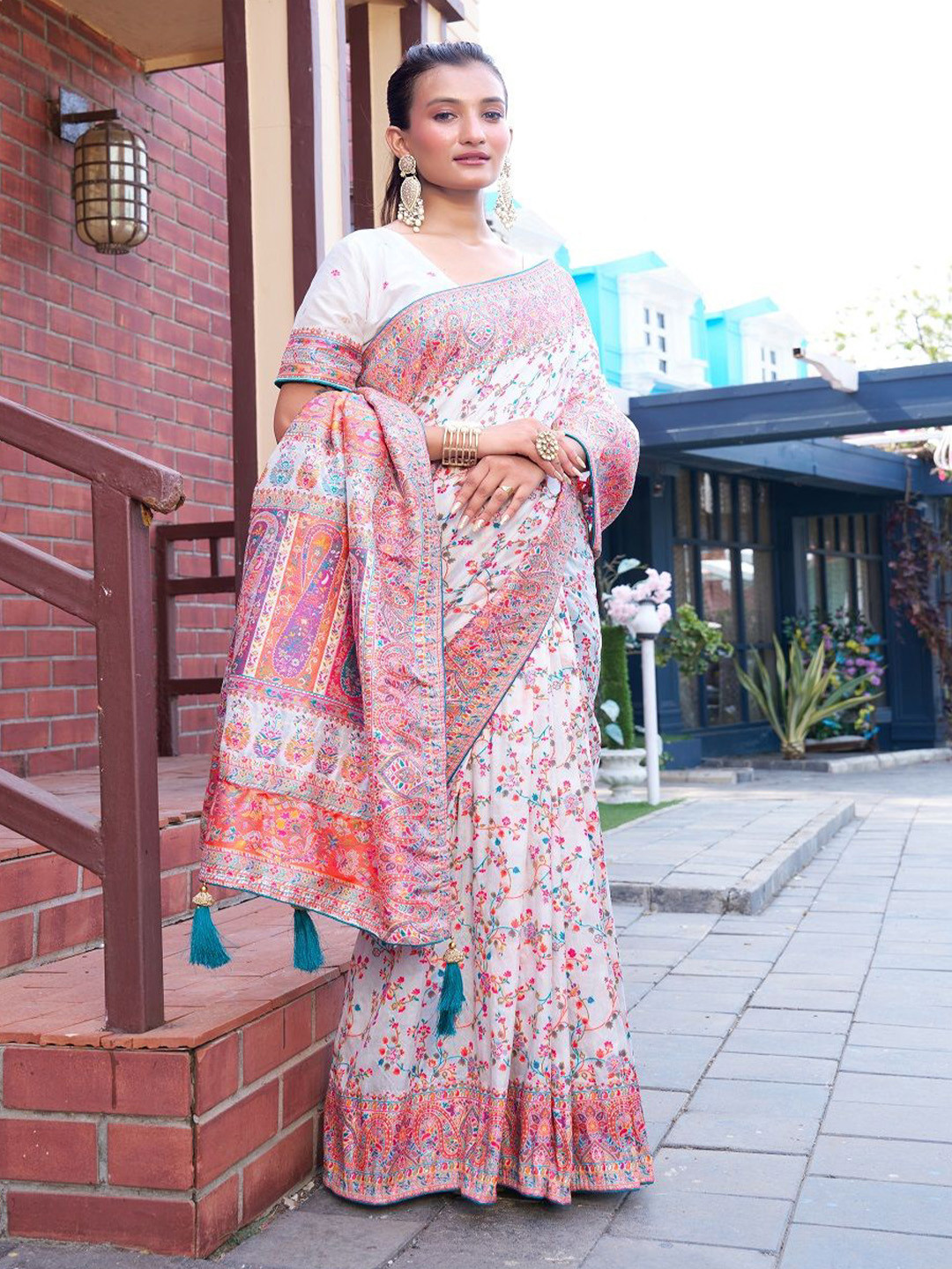 PMD Fashion Woven Design Zari Pashmina Saree with Blouse Piece