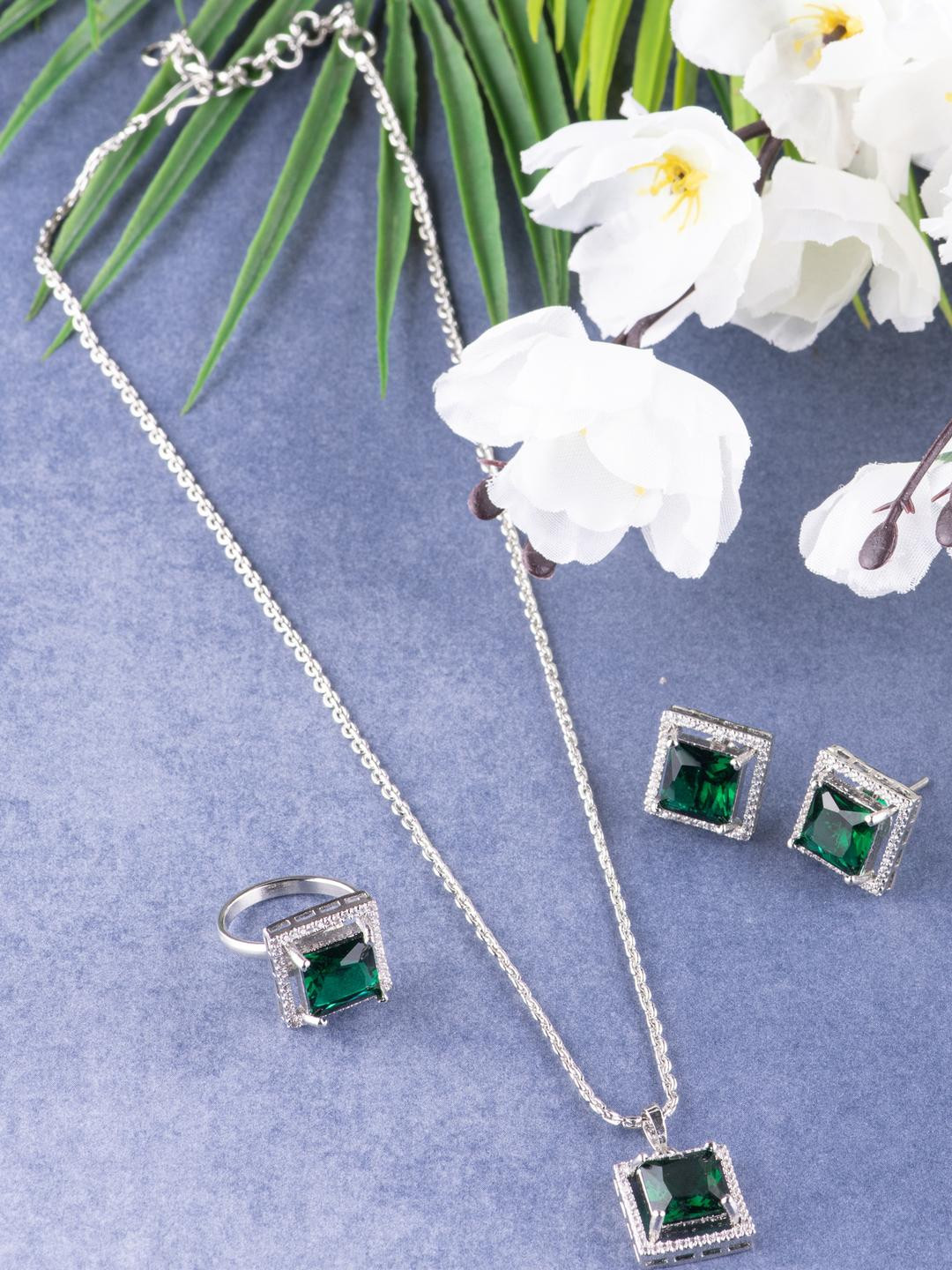 KAYRAH Brass Stones Studded Long Necklace & Earring With Ring Jewellery Set