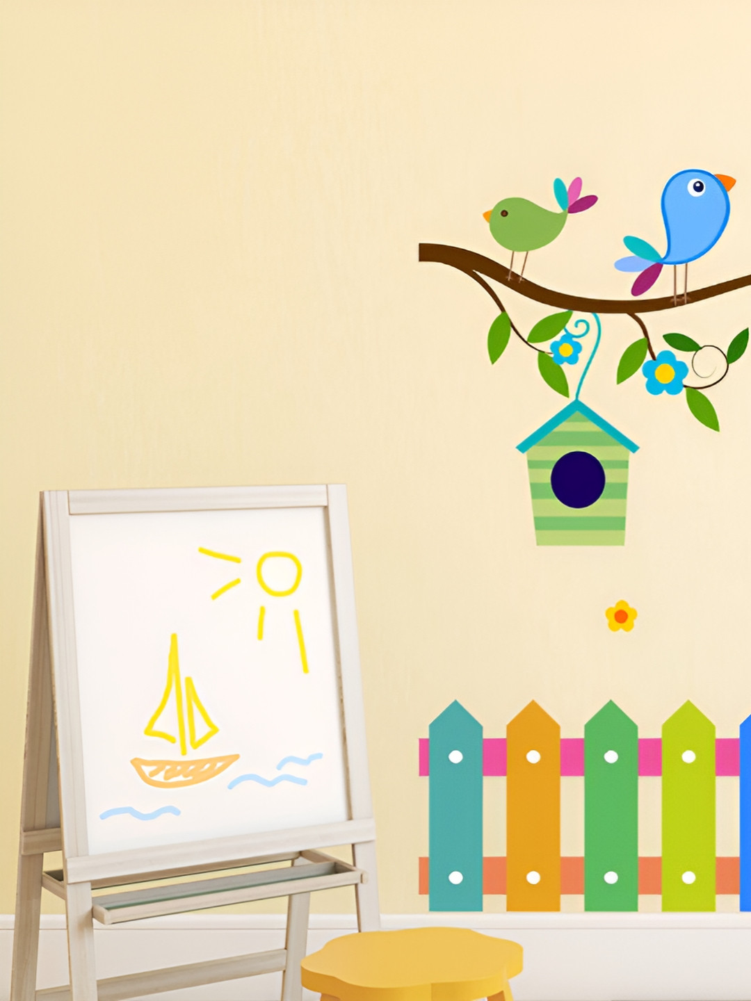 LANSTICK Green & Blue Tree With birds Printed Self-Adhesive Wall Stickers