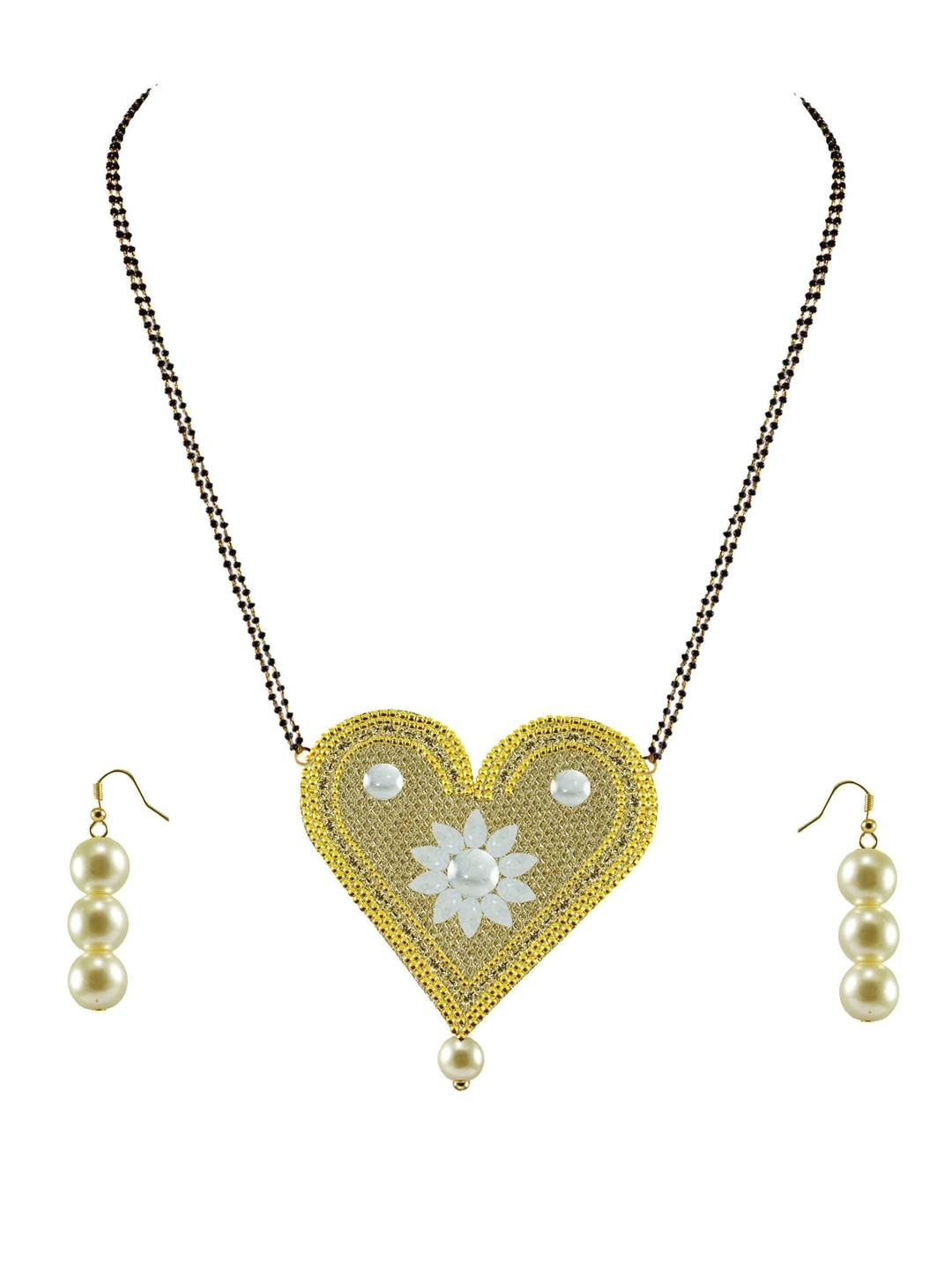 Vidhya Kangan Women Gold Heart Shape Pendant Chain with Pearl Earrings Jewelry Set
