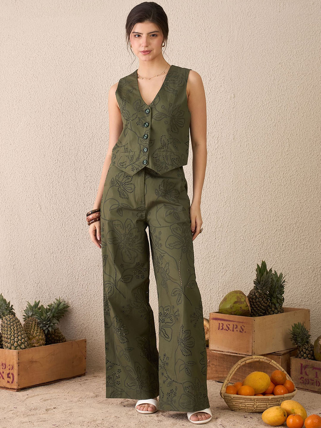 DELAN Floral Embroidered V-Neck Waistcoat & Trousers