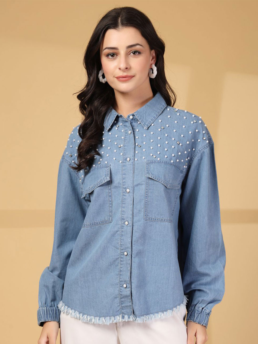 COSMIC TRIO Embellished Textured Spread Collar Casual Relaxed Fit Denim Shirt